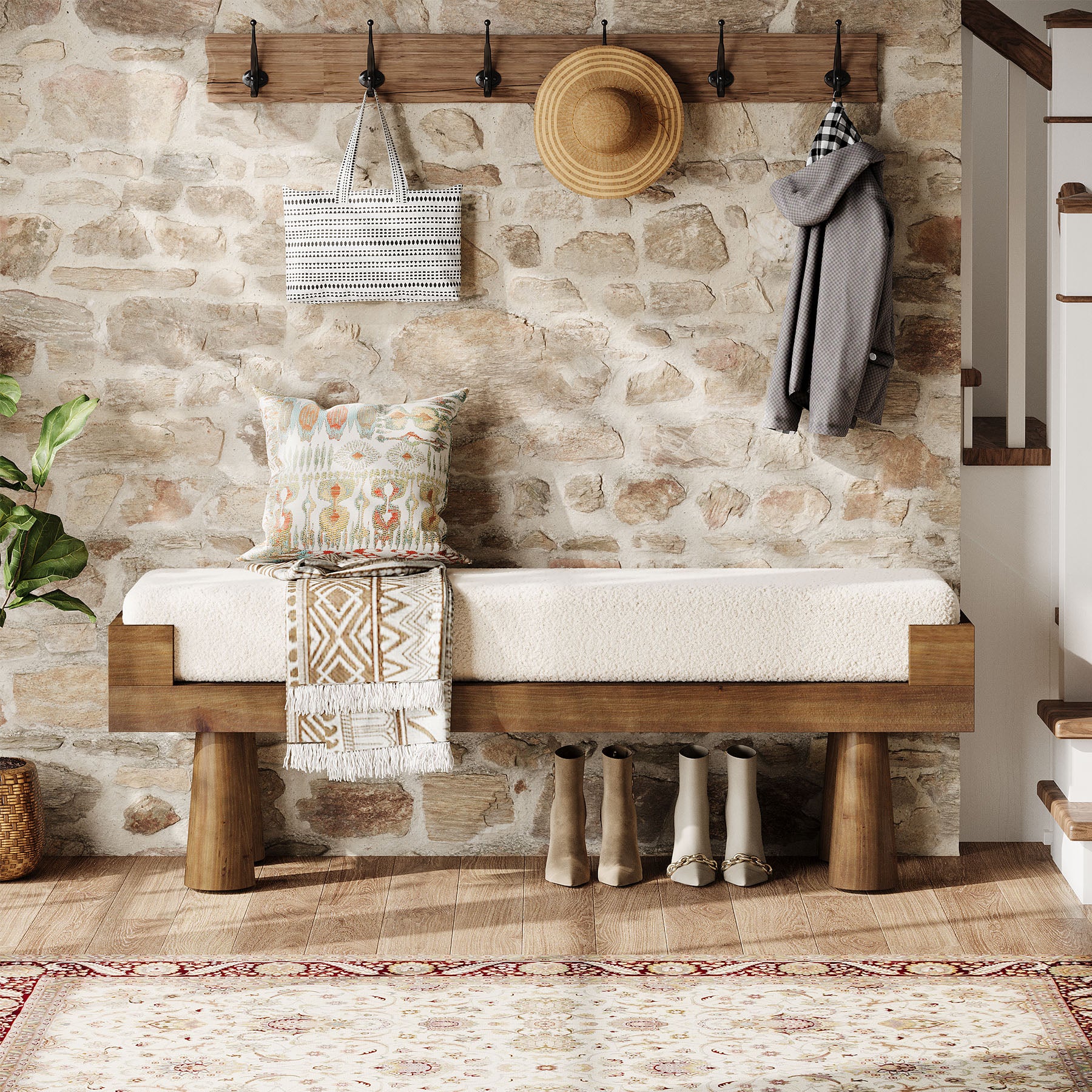 Tribesigns Upholstered Entryway Bench with Solid Wood Legs, Mid-Century Shoe Bench for Bedroom and Living Room