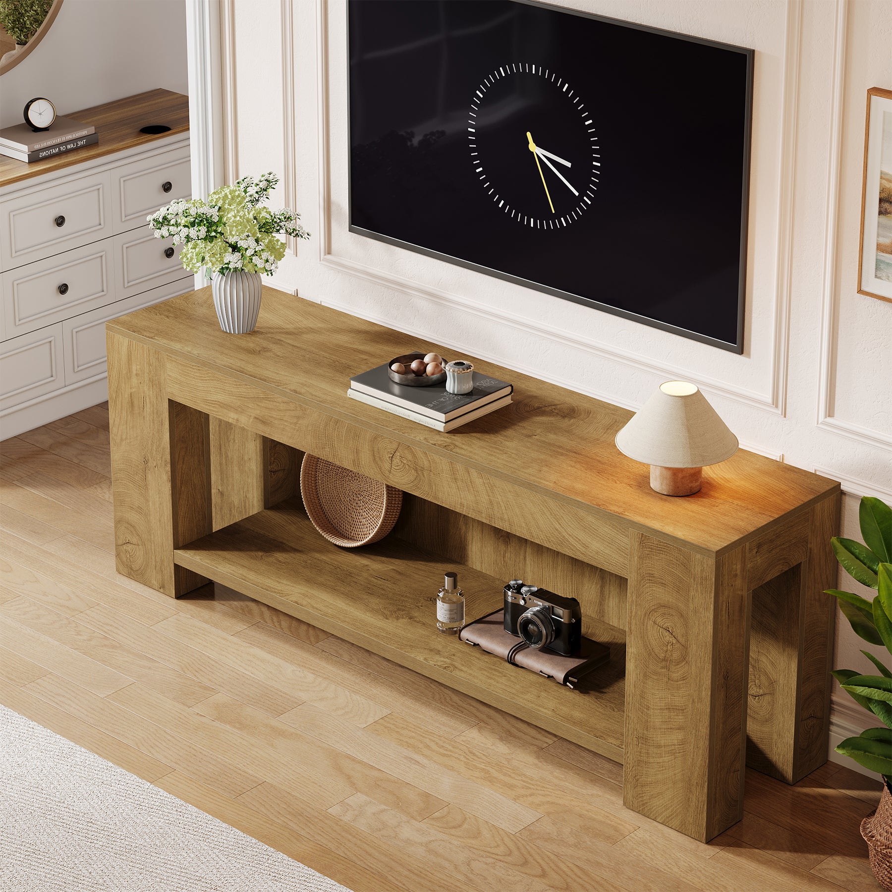 63-Inch TV Stand for 55 to 75-Inch TVs with Open Storage Shelves, Rustic Media Console Table for Living Room