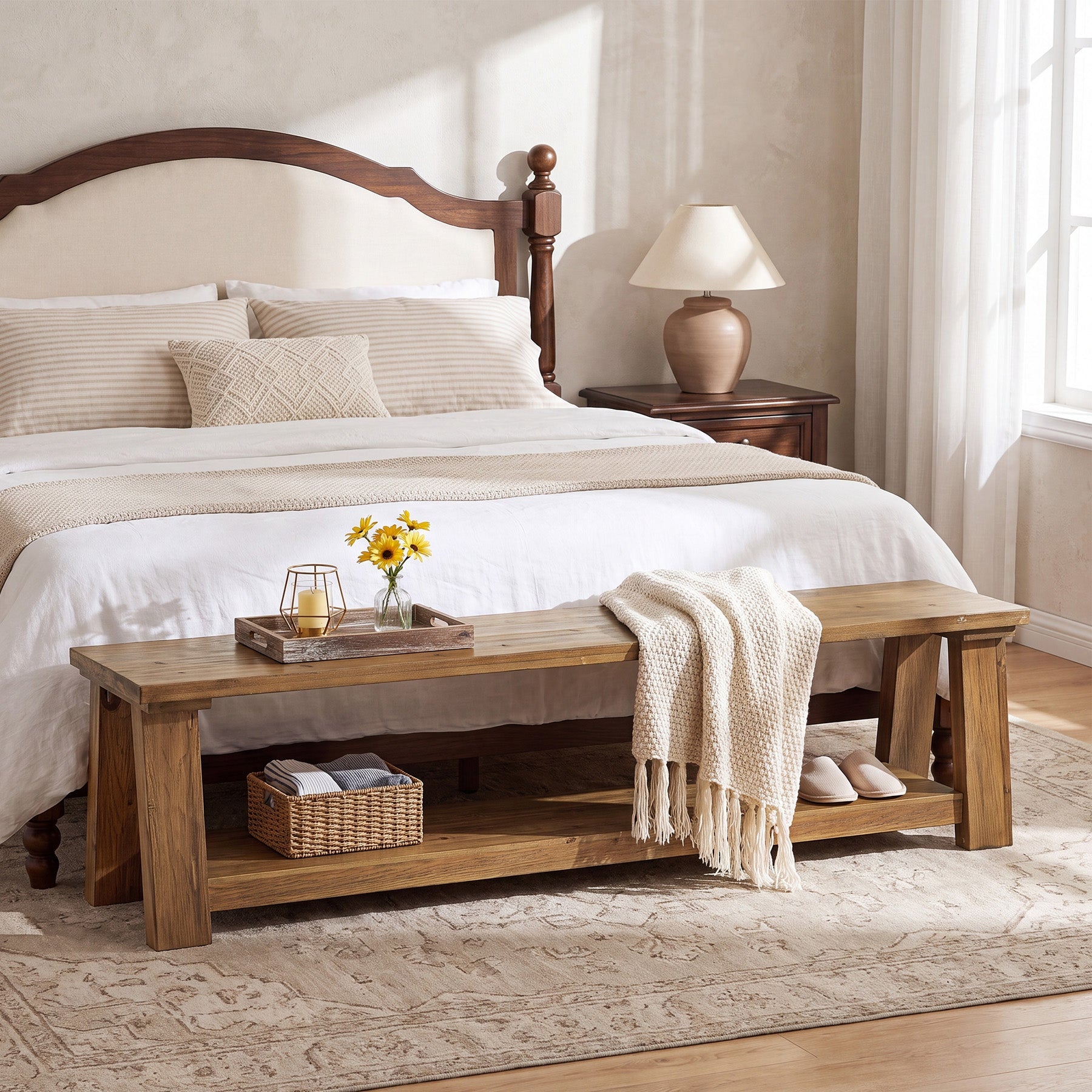 70.9-Inch Solid Wood Shoe Bench with Storage Shelf, Farmhouse Entryway Seat for Hallway