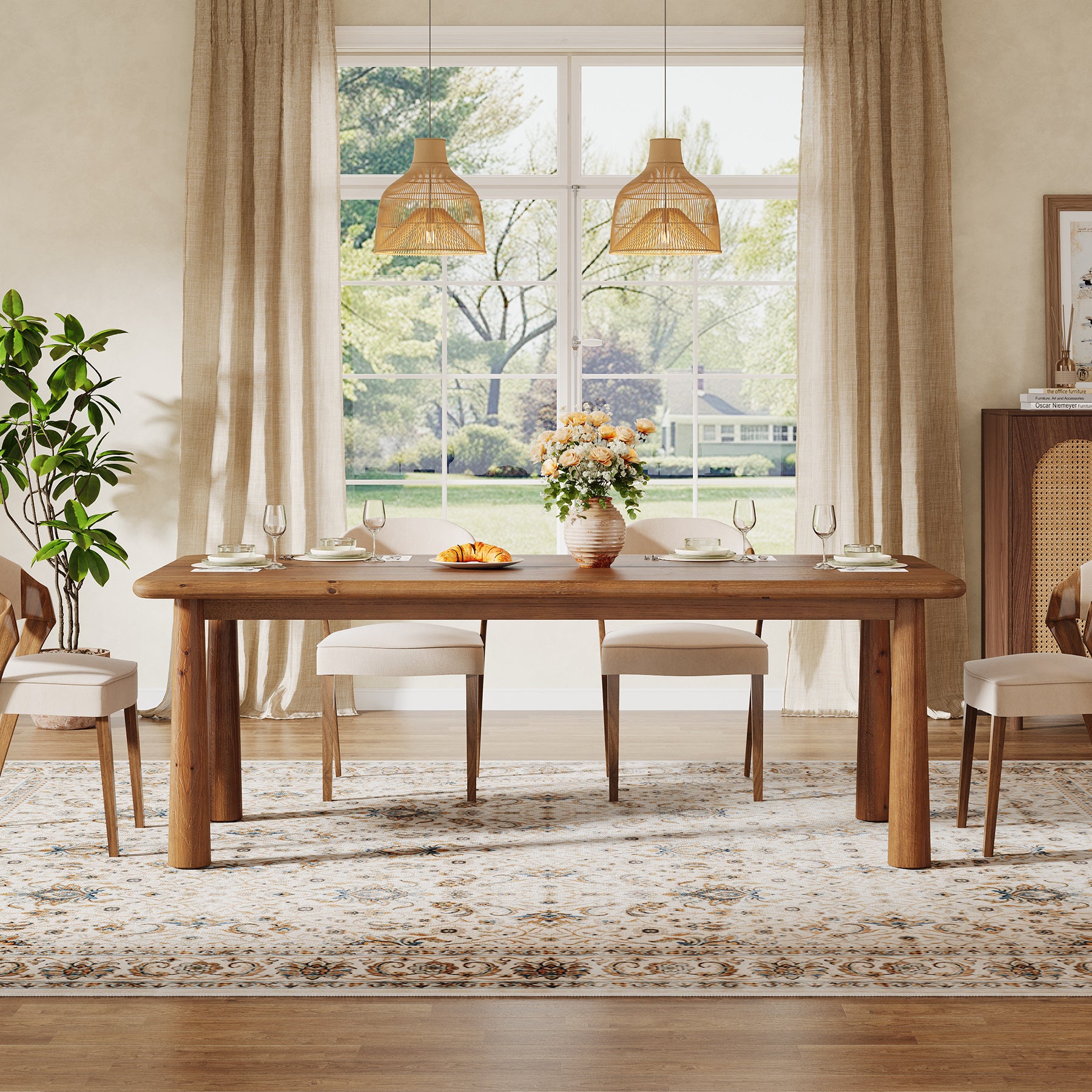 63-Inch Solid Wood Dining Table for 4 to 6 People, Farmhouse Rectangular Kitchen Table with 400 lb Capacity for Dining Room and Kitchen