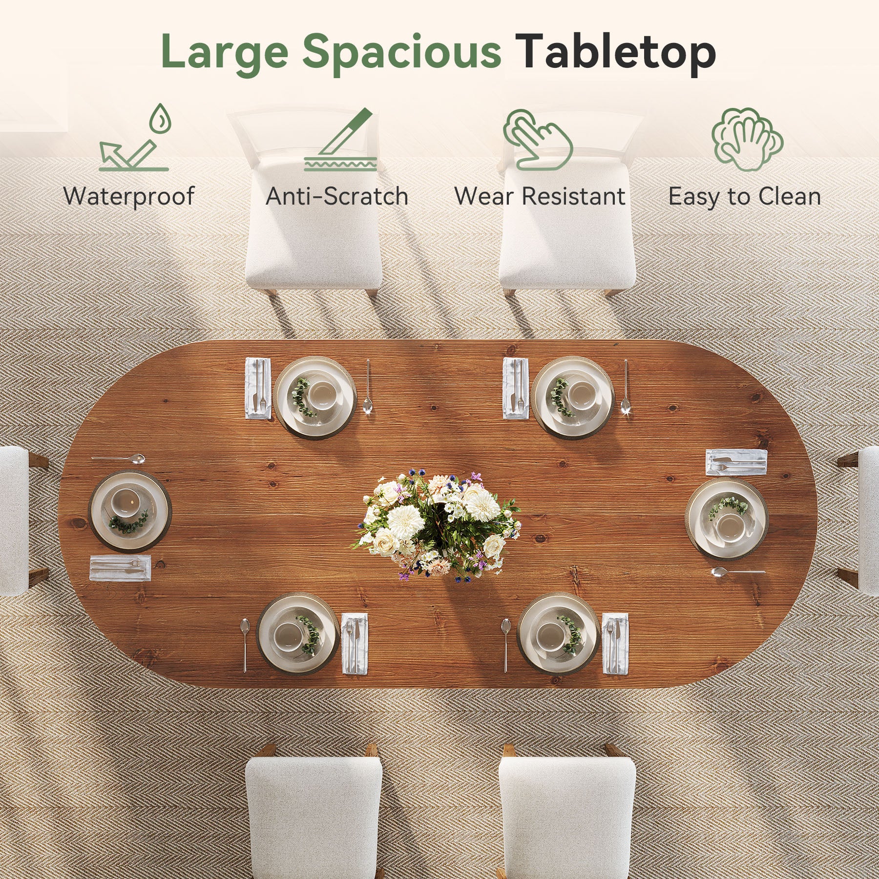 63" Oval Solid Wood Dining Table for 4-6, Farmhouse Kitchen Table with Sturdy Tapered Legs