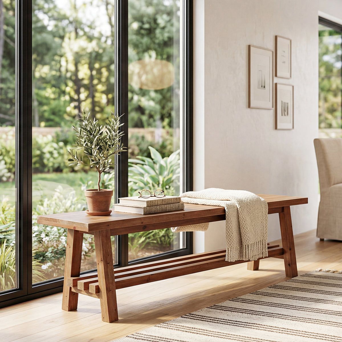 Tribesigns 55.1-Inch Solid Wood Dining Bench, Narrow Farmhouse Bench with Slatted Storage Shelf