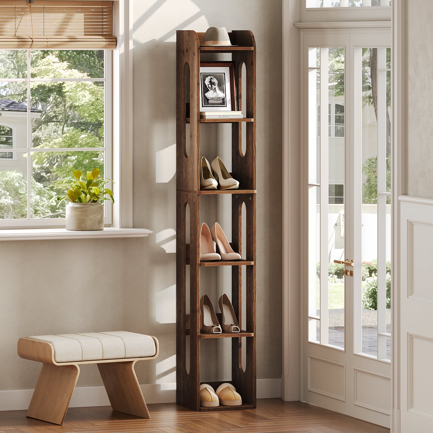 70.87-Inch Solid Wood Bookshelf with 6 Tiers, A Tall Narrow Open Bookcase for Living Room and Home Office