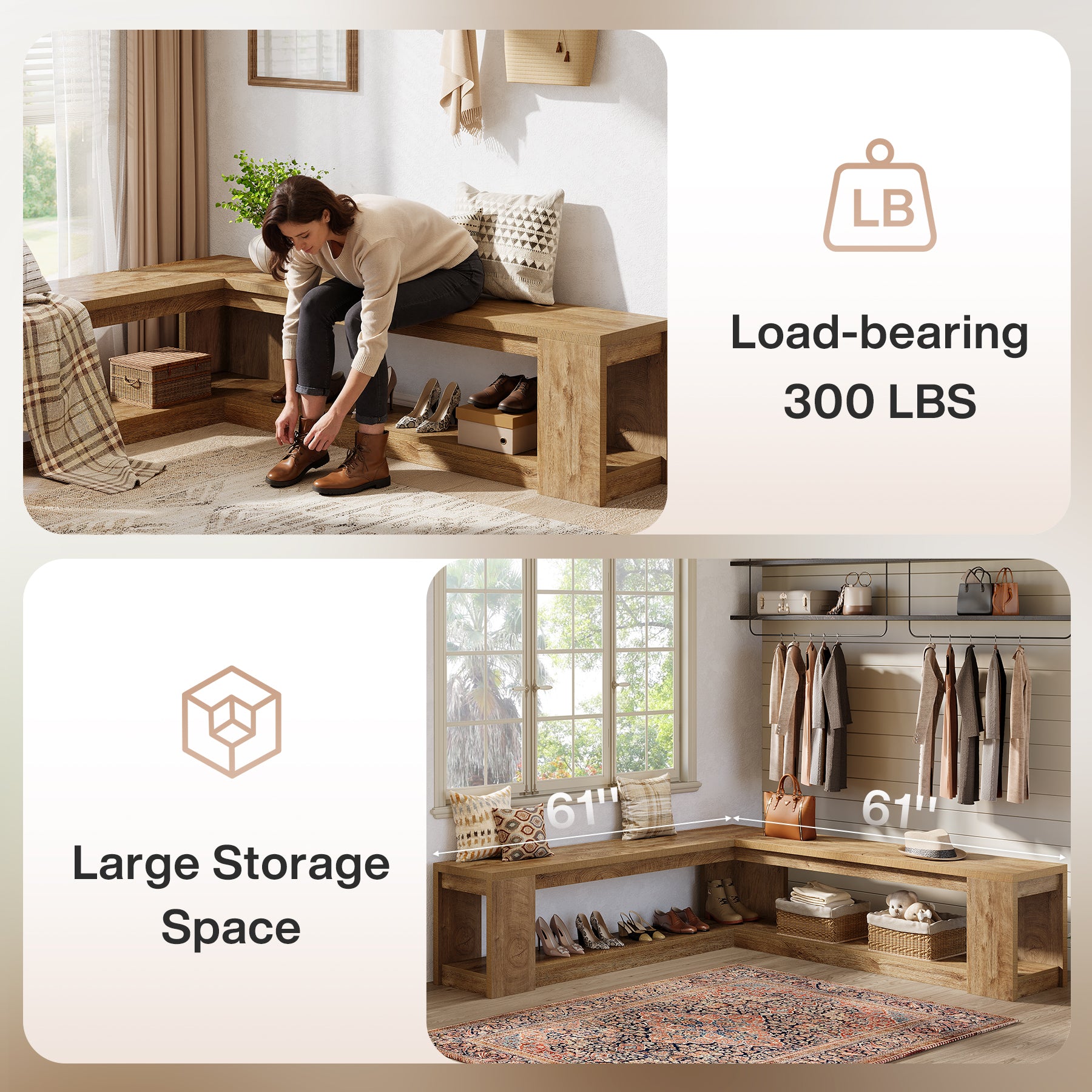 Tribesigns 61-Inch L-Shaped Shoe Bench with Storage, Farmhouse Corner Entryway Bench for Dining Room Living Room and Cloakroom