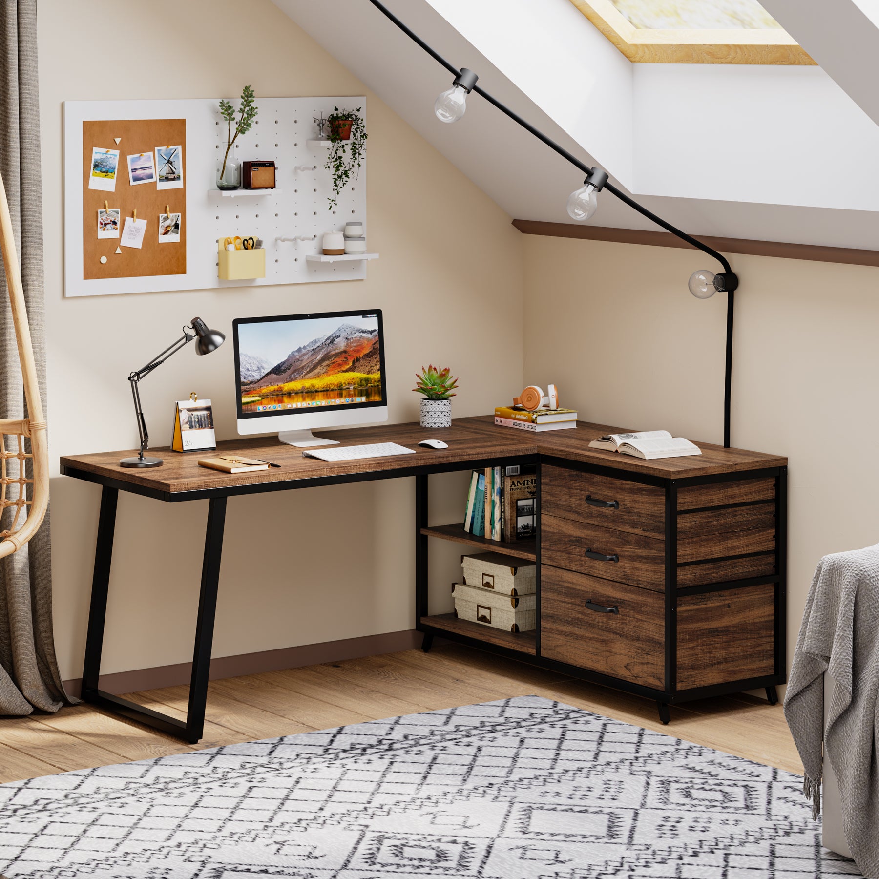Reversible L-Shaped Computer Desk with 3 Drawers and Shelves, 53-Inch Rustic Brown Corner Desk for Small Spaces