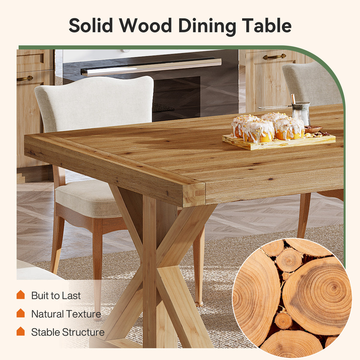 63 Inch Solid Wood Dining Table for 4-6, Farmhouse Kitchen Table with X-Shaped Legs for Dining Room