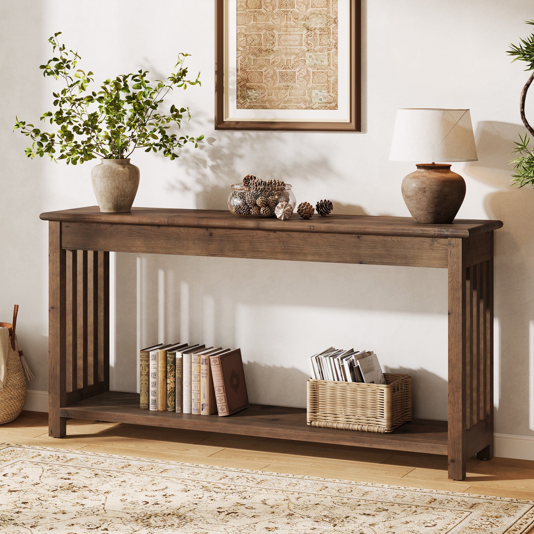 63-Inch Solid Wood Console Table, Farmhouse 2-Tier Entryway Sofa Table for Hallway