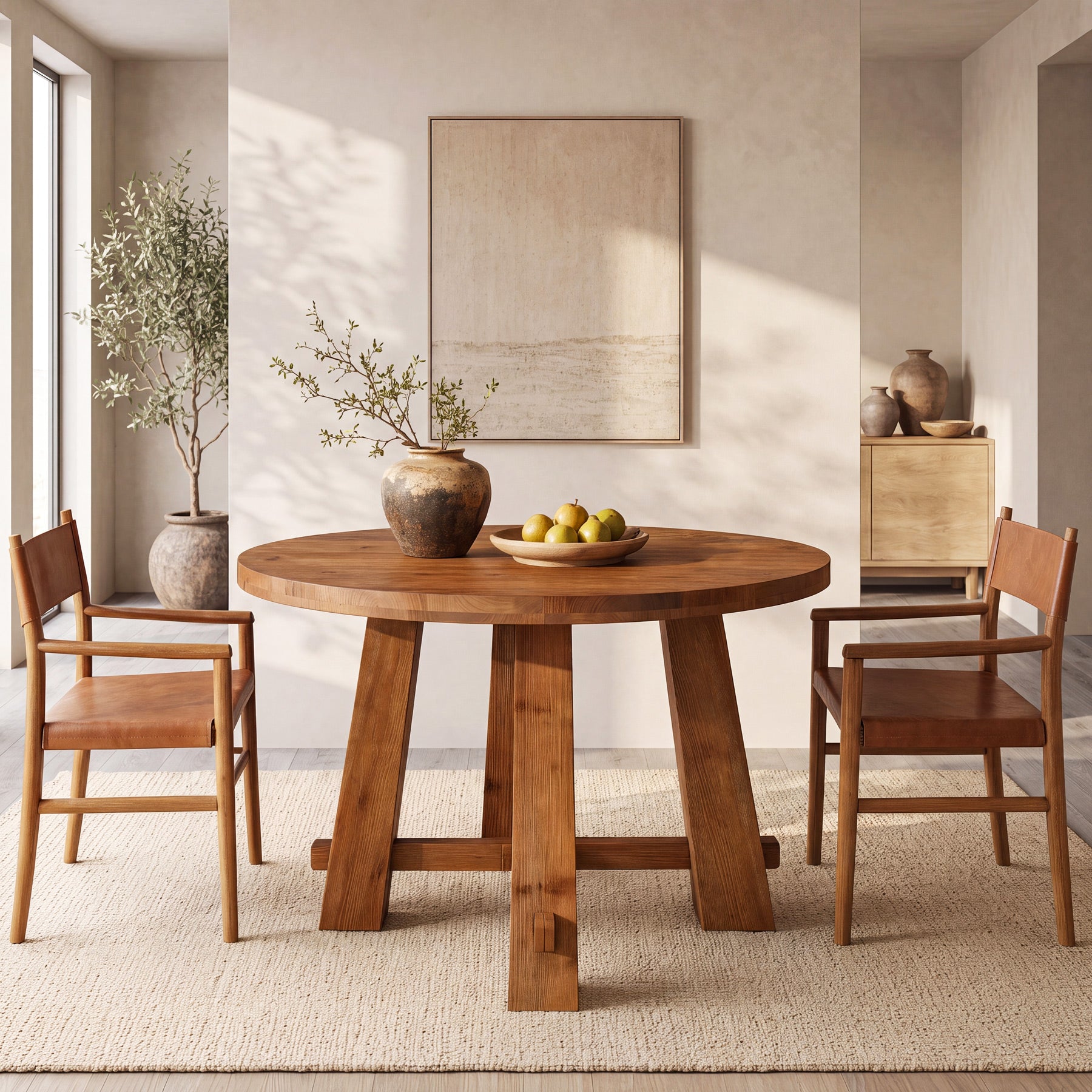 39.4 Inch Solid Wood Round Dining Table with Cross Base, Farmhouse Kitchen Table for 2-4