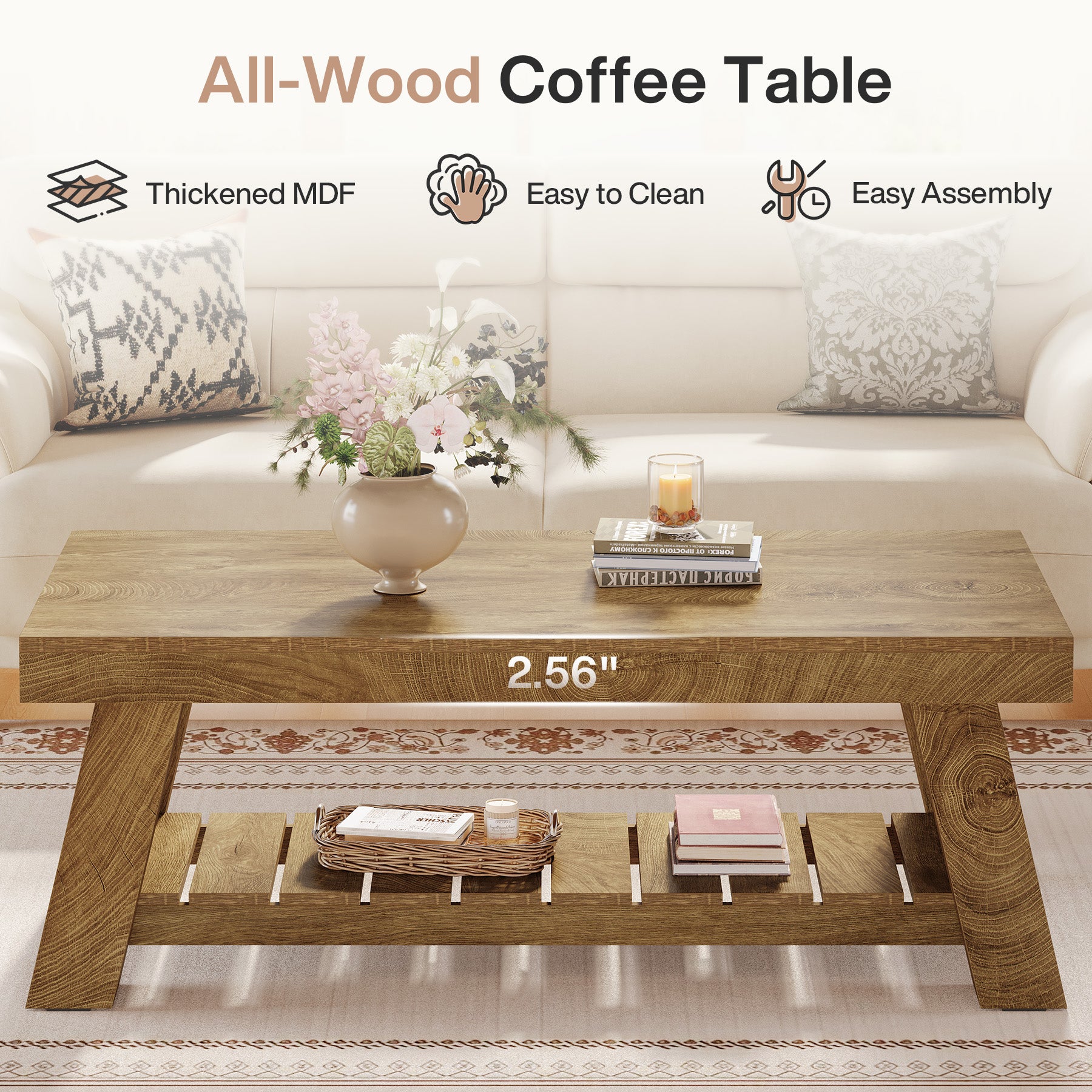 47.24-Inch Rectangular Coffee Table, Farmhouse Wood Center Table with 2-Tier Storage