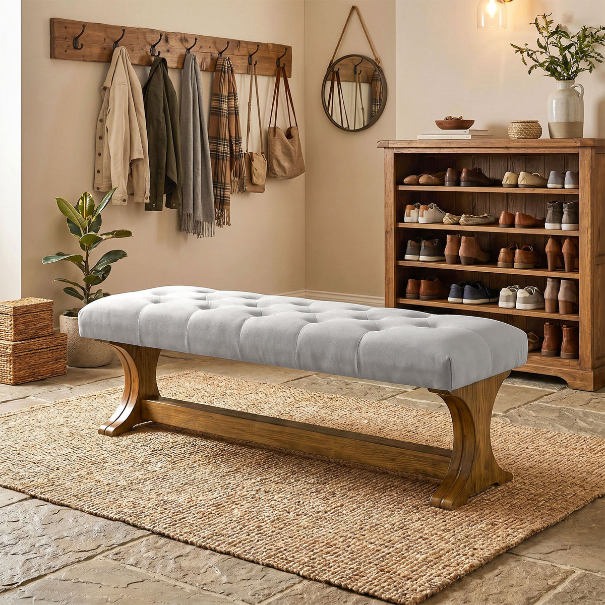 Tribesigns 55 Inch Upholstered End of Bed Bench with Tufted Cushion, Farmhouse Storage Bench for Bedroom and Living Room