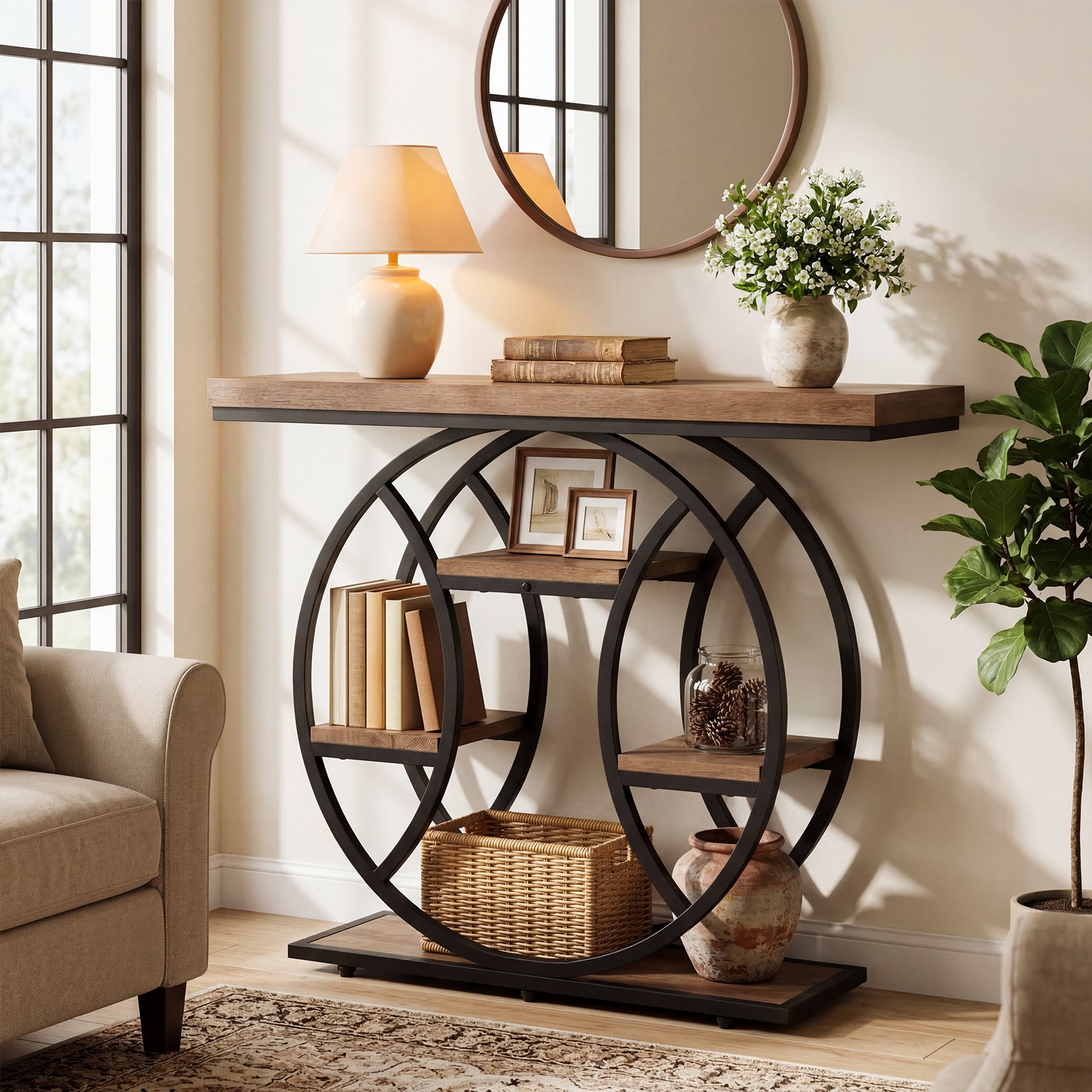 41.3" Industrial Console Table with 4-Tier Storage, Entryway Sofa Table for Hallway Living Room Entrance
