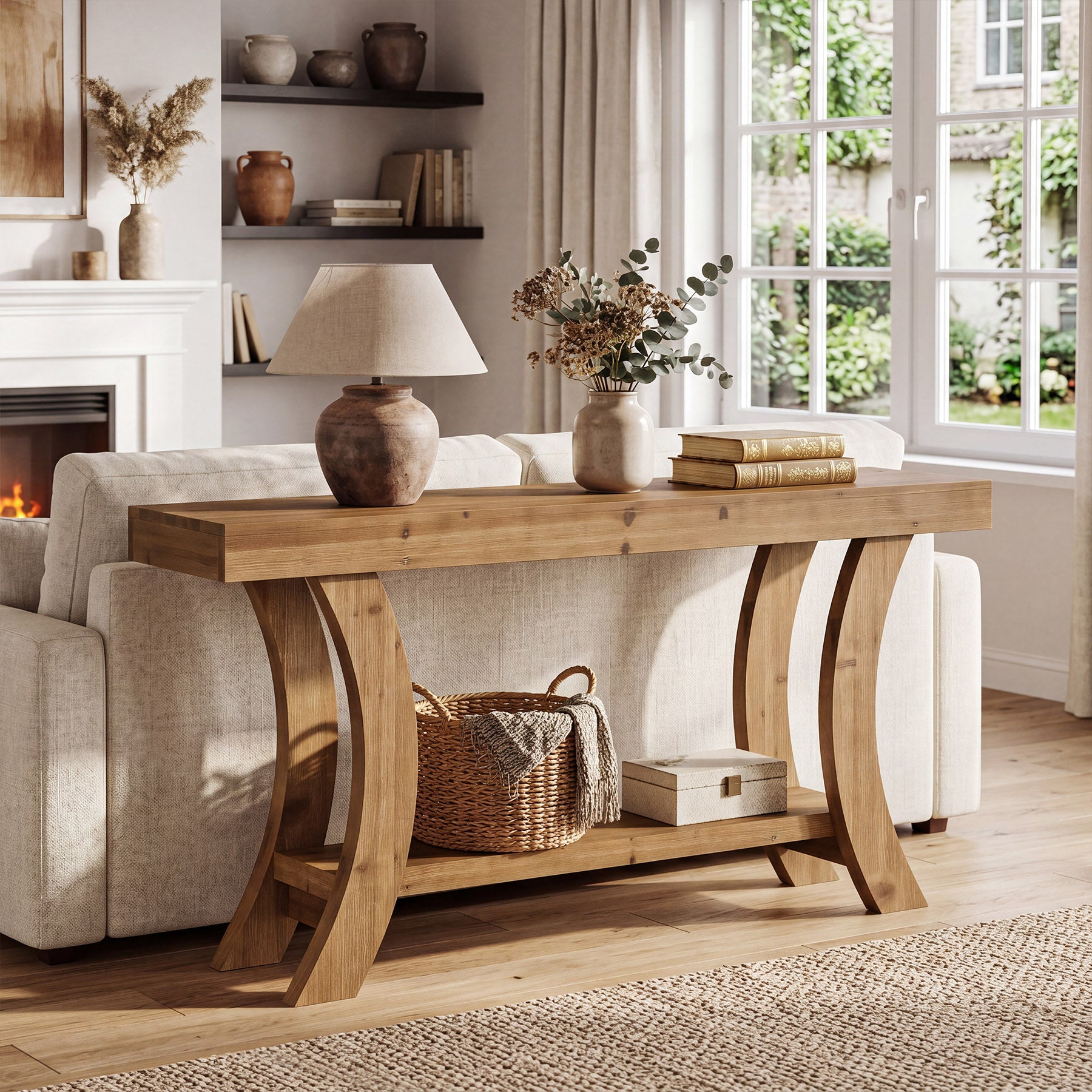 Tribesigns 63 Inch Solid Wood Console Table with Shelf, Arched Farmhouse Entryway and Sofa Table