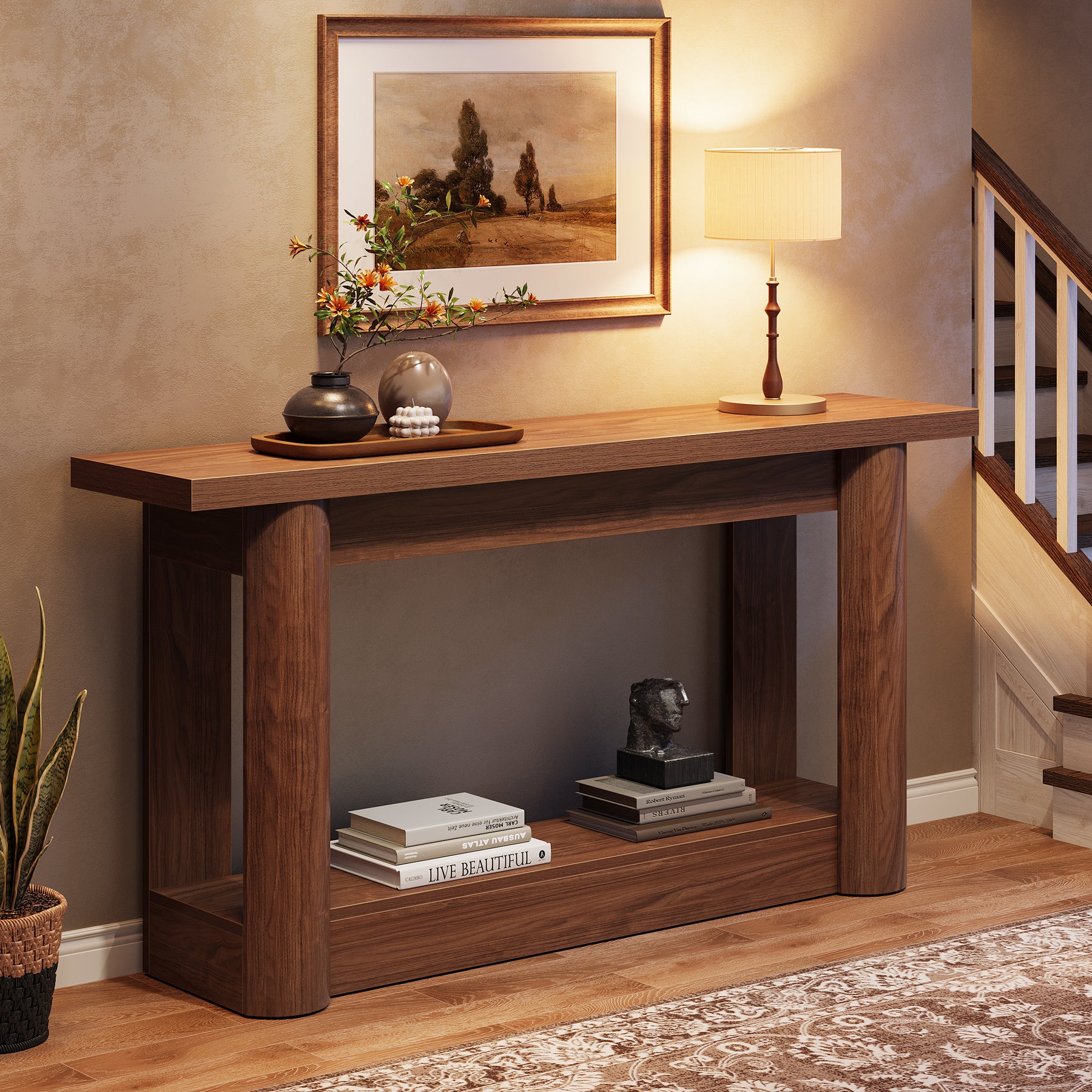 63" Farmhouse Console Table with 2-Tier Storage, Rustic Narrow Sofa Table Behind Couch