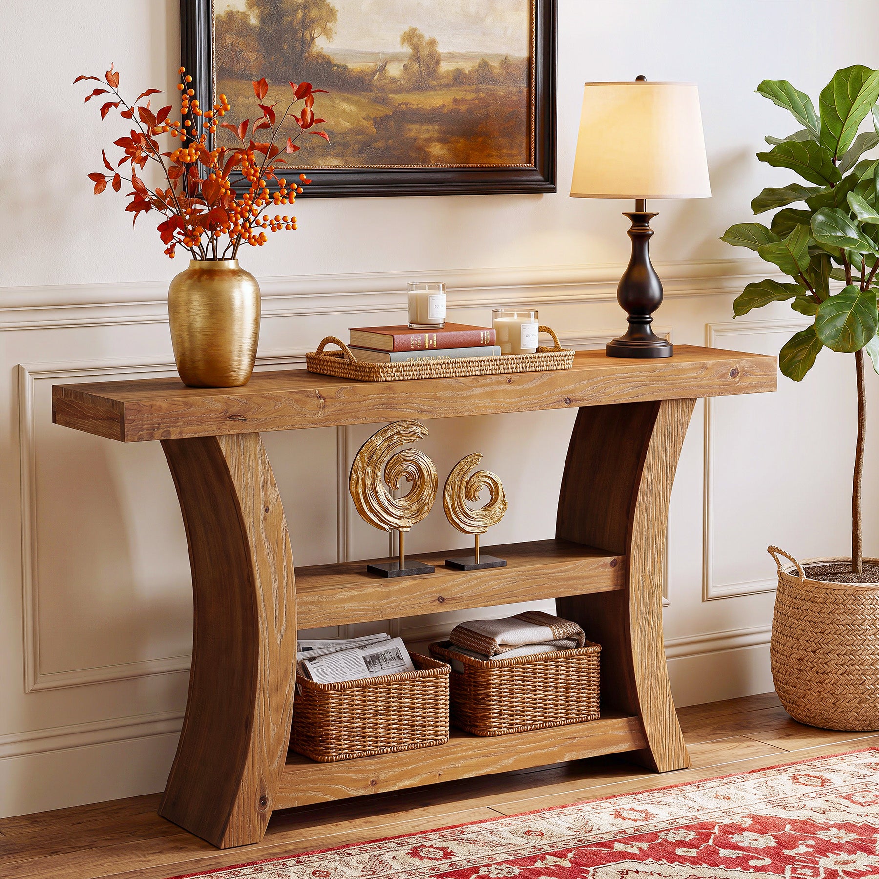 Tribesigns 55-Inch Solid Wood Console Table with 3-Tier Storage, Curved Entryway Table for Hallway