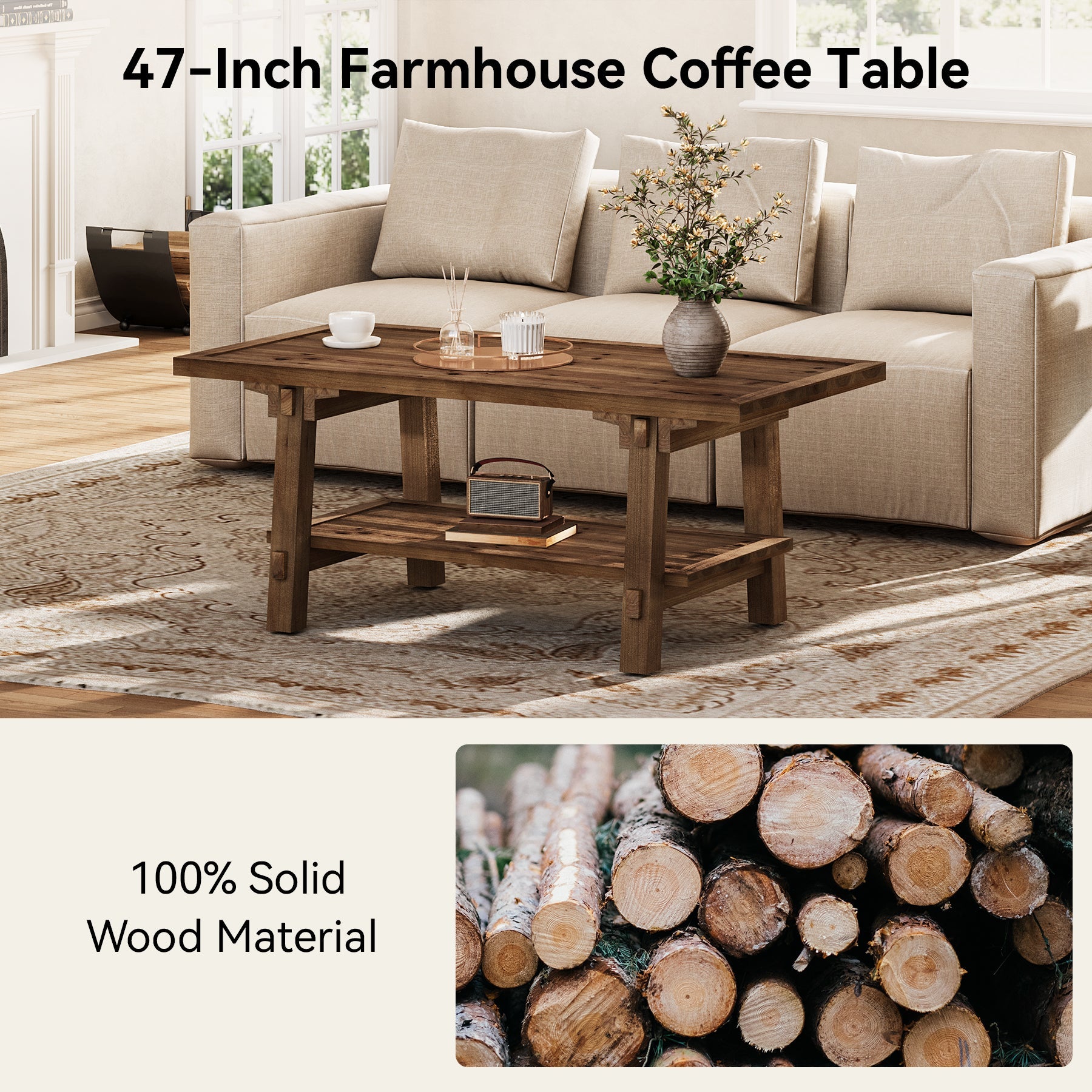 47 Inch Solid Wood Coffee Table, Rustic Farmhouse Rectangle Center Table