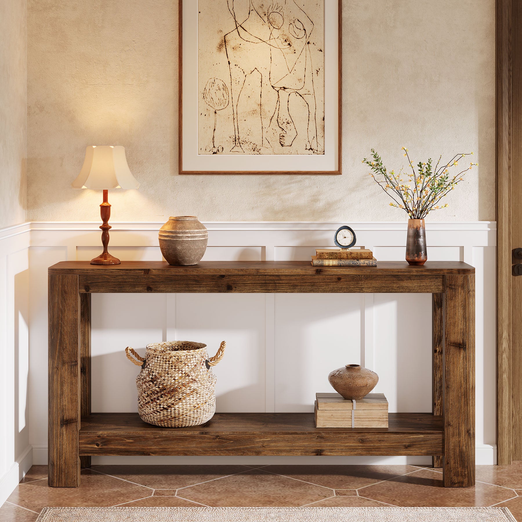 63" Console Table, Solid Wood Farmhouse Sofa Table with 2-Tier Storage
