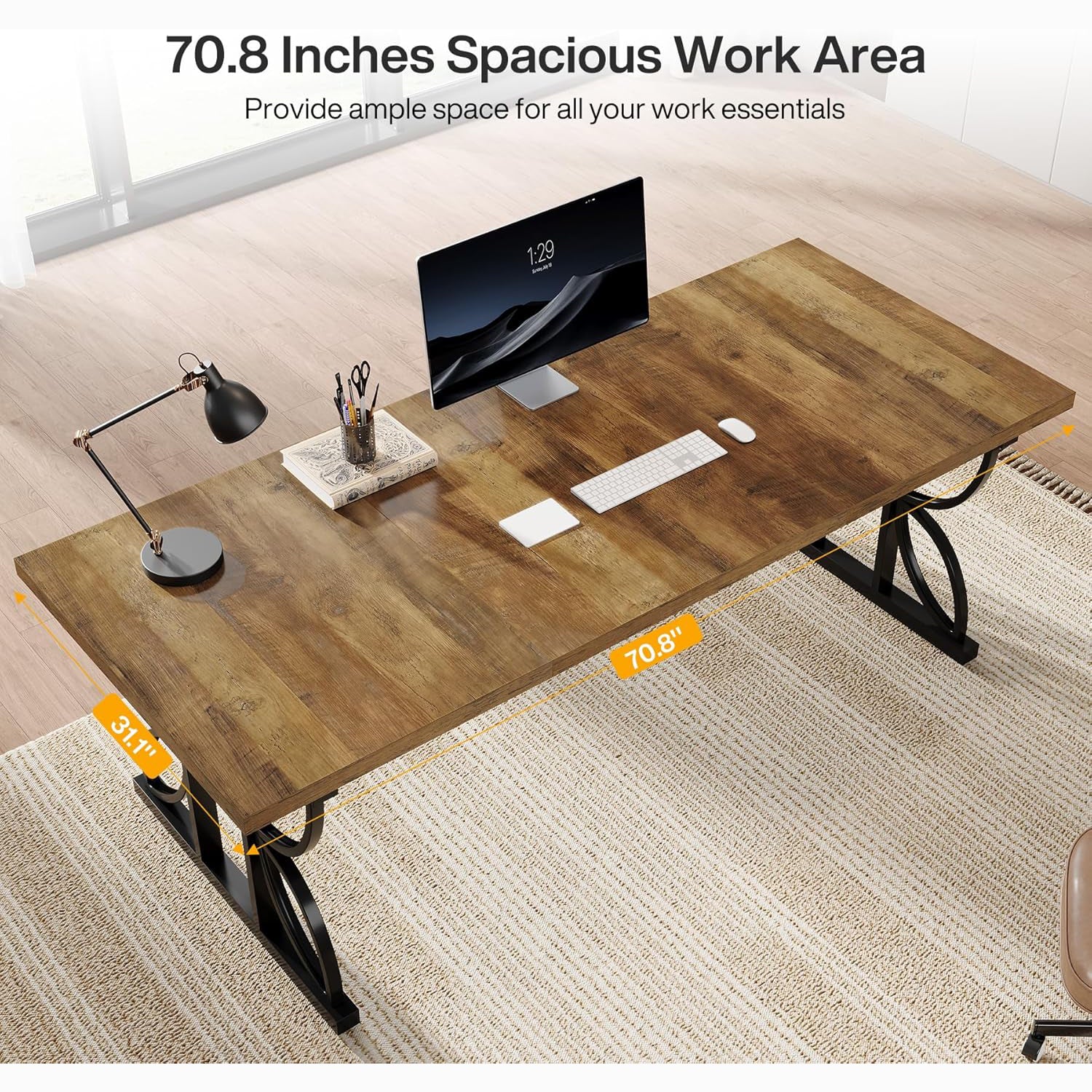 70.8" Industrial Computer Desk - Rustic Brown & Black Metal Frame Workstation
