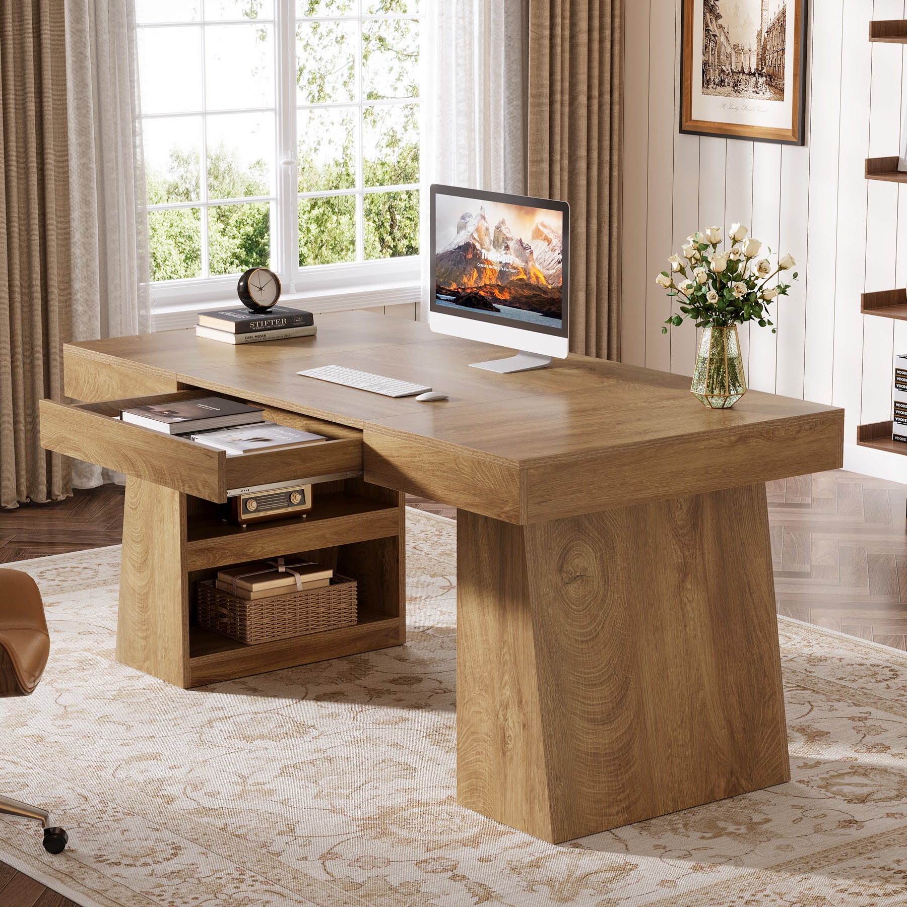 Tribesigns 55 Inch Executive Desk with Drawer, Large Office Computer Desk with Storage Shelves for Home Office