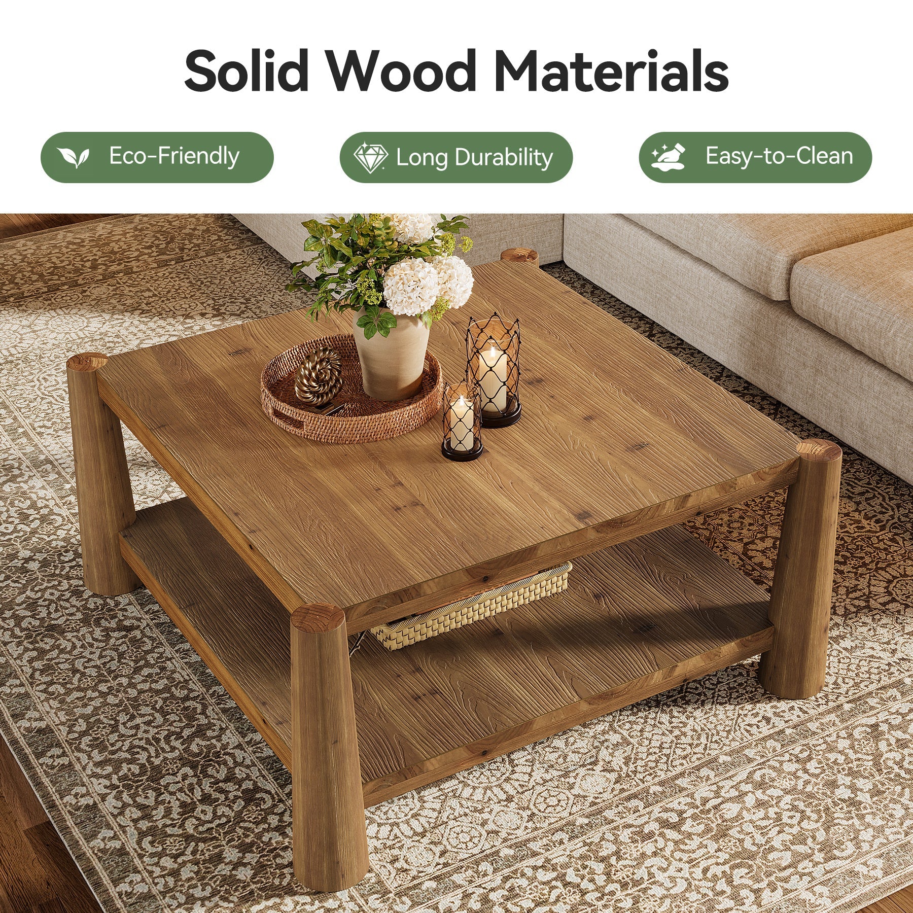 34" Square Solid Wood 2-Tier Coffee Table, Farmhouse Storage Brown