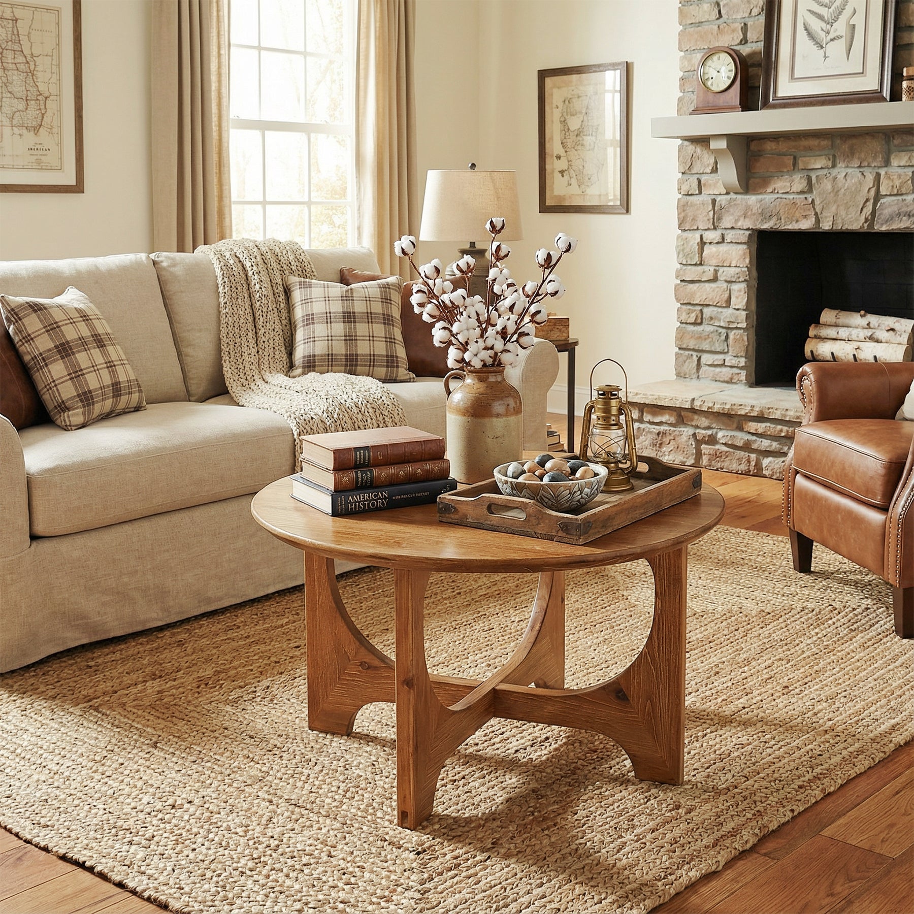 31.5" Round Solid Wood Farmhouse Coffee Table, Rustic Brown Small Space
