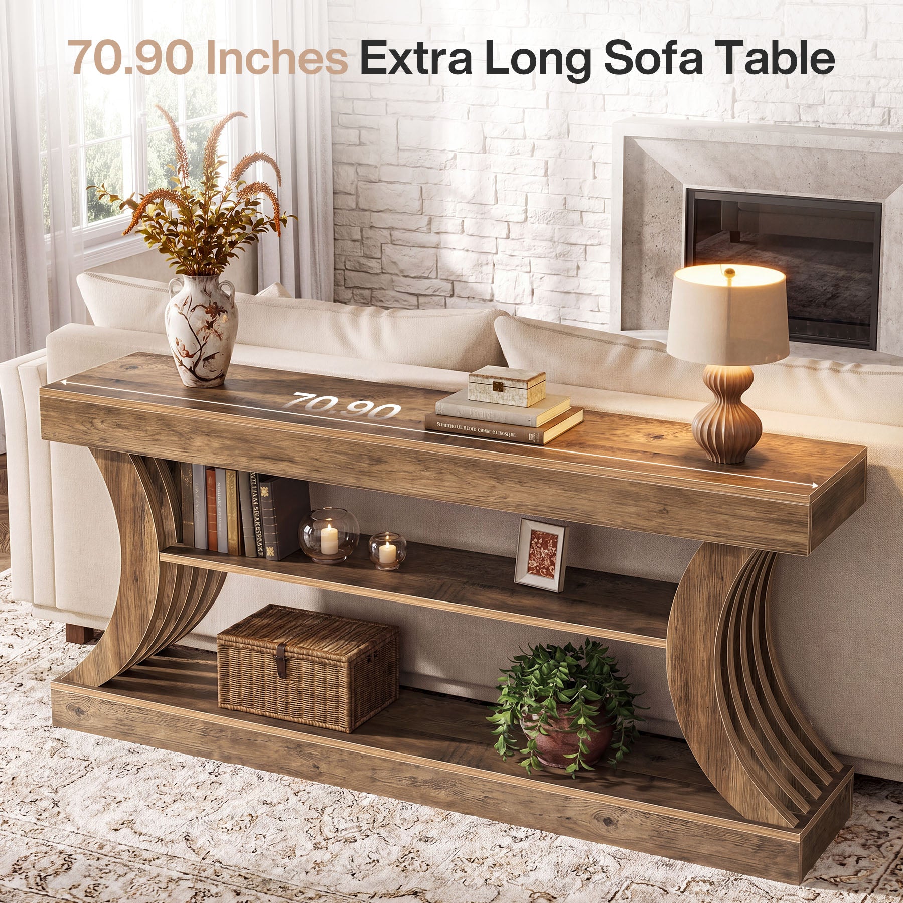 70.9-Inch 3-Tier Console Table with Curved Base, Farmhouse Hallway Table with Storage