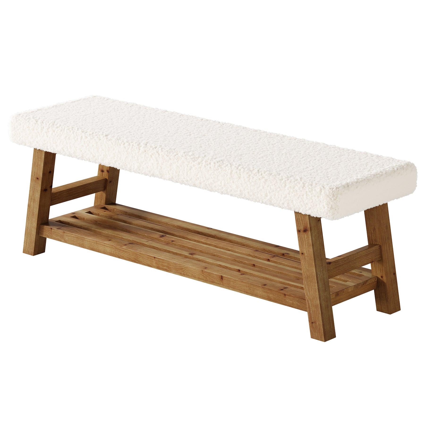 55-Inch Upholstered Entryway Bench with 2-Tier Shoe Storage Shelf, Solid Wood Frame Shoe Bench for Hallway