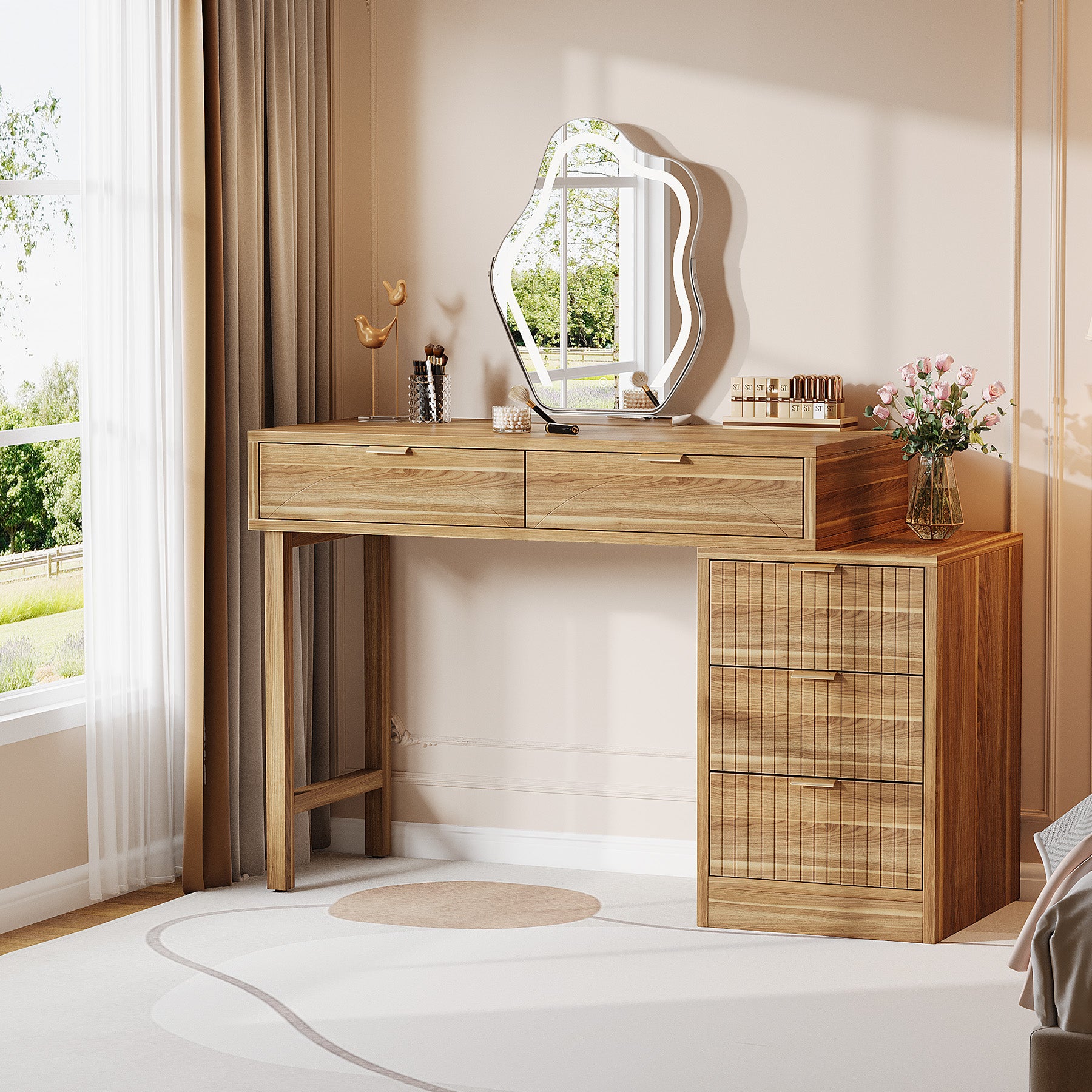 Makeup Vanity Desk with 5 Drawers, Reversible Dressing Table for Bedroom and Narrow Spaces (without mirror)