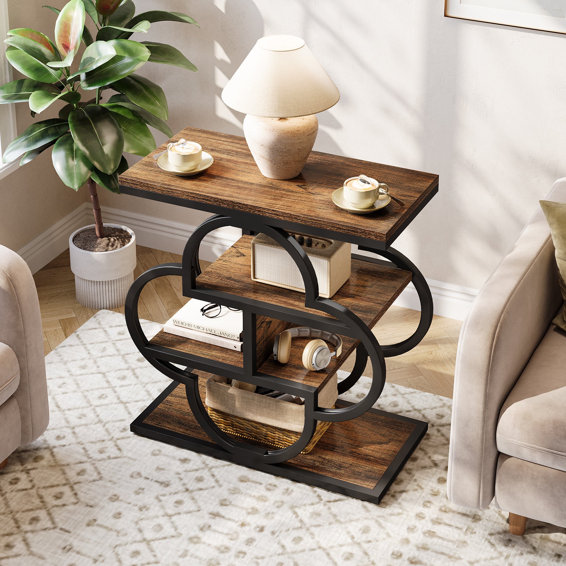23.62 Inch Narrow Side Table with Storage, 4 Tier Wooden End Table with Metal Frame