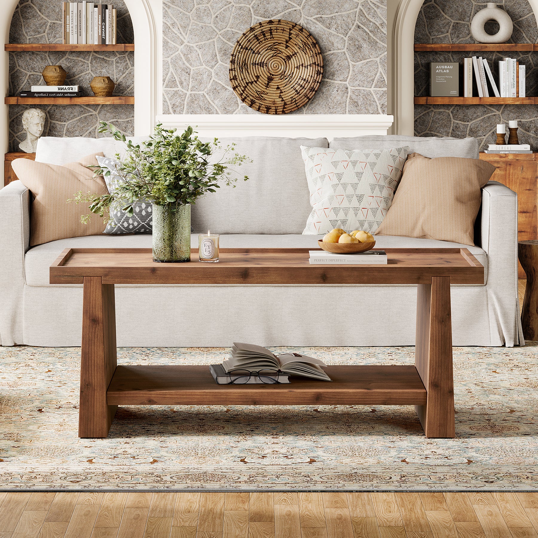 47.24"  Solid Wood Coffee Table with Raised Edge, Rustic Farmhouse 2 Tier Center Table