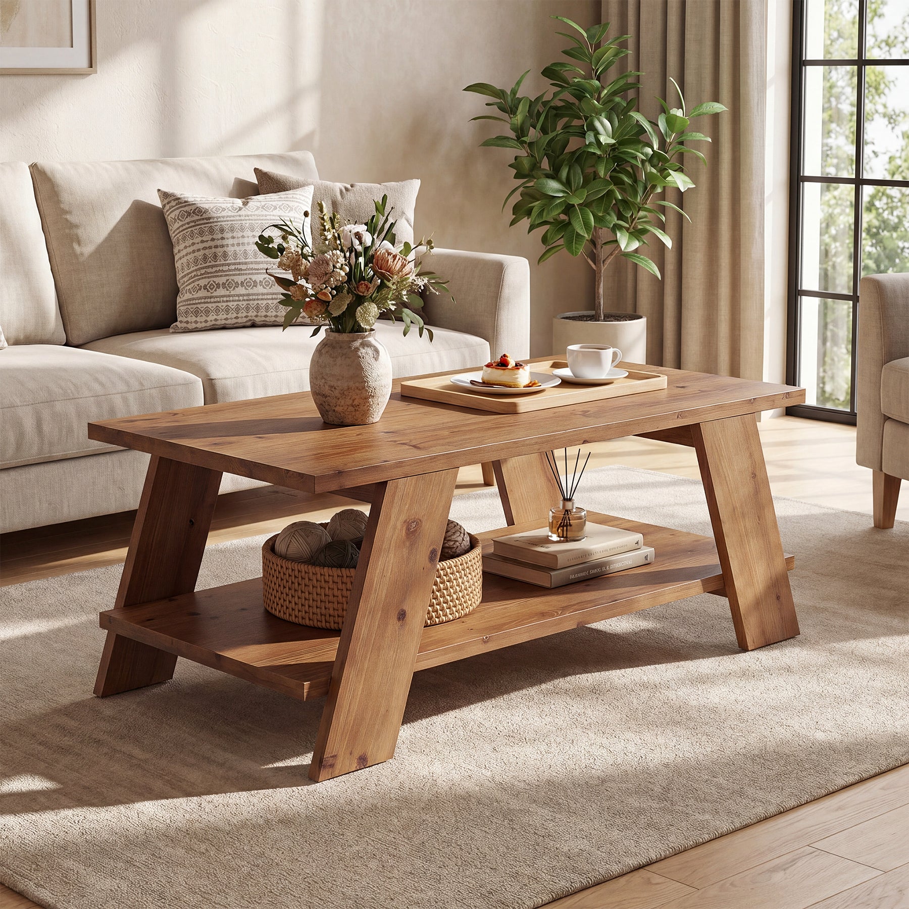 47-Inch Solid Wood Coffee Table with 2-Tier Storage, Farmhouse Rectangle Centre Table for Living Room