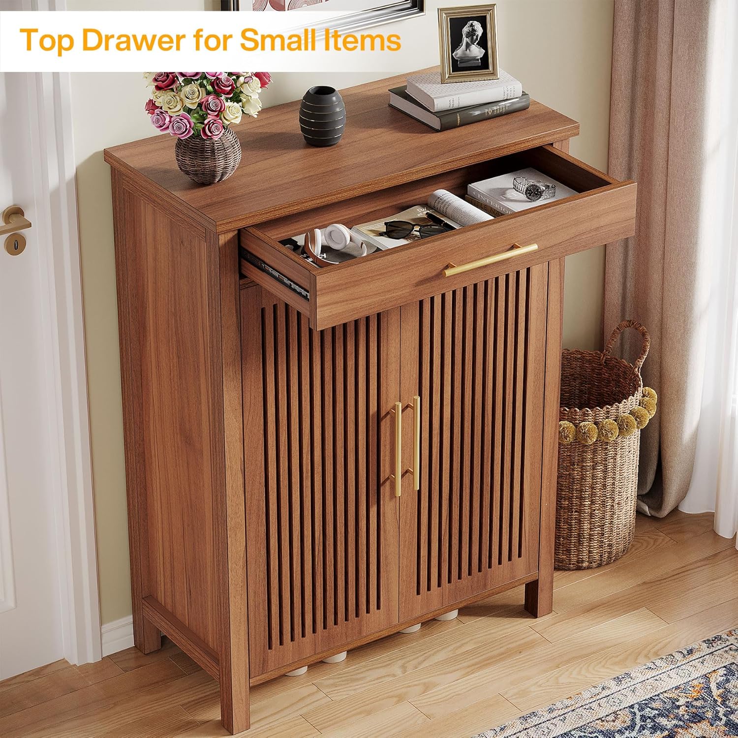 55" 5-Tier Shoe Cabinet - Louvered Door Storage Organizer with Drawer Shelves, Brown