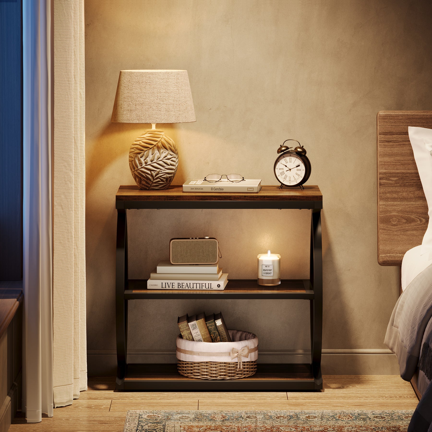 23.62" Rustic Brown Narrow End Table, 3-Tier Industrial Wood & Metal Side Table for Small Space