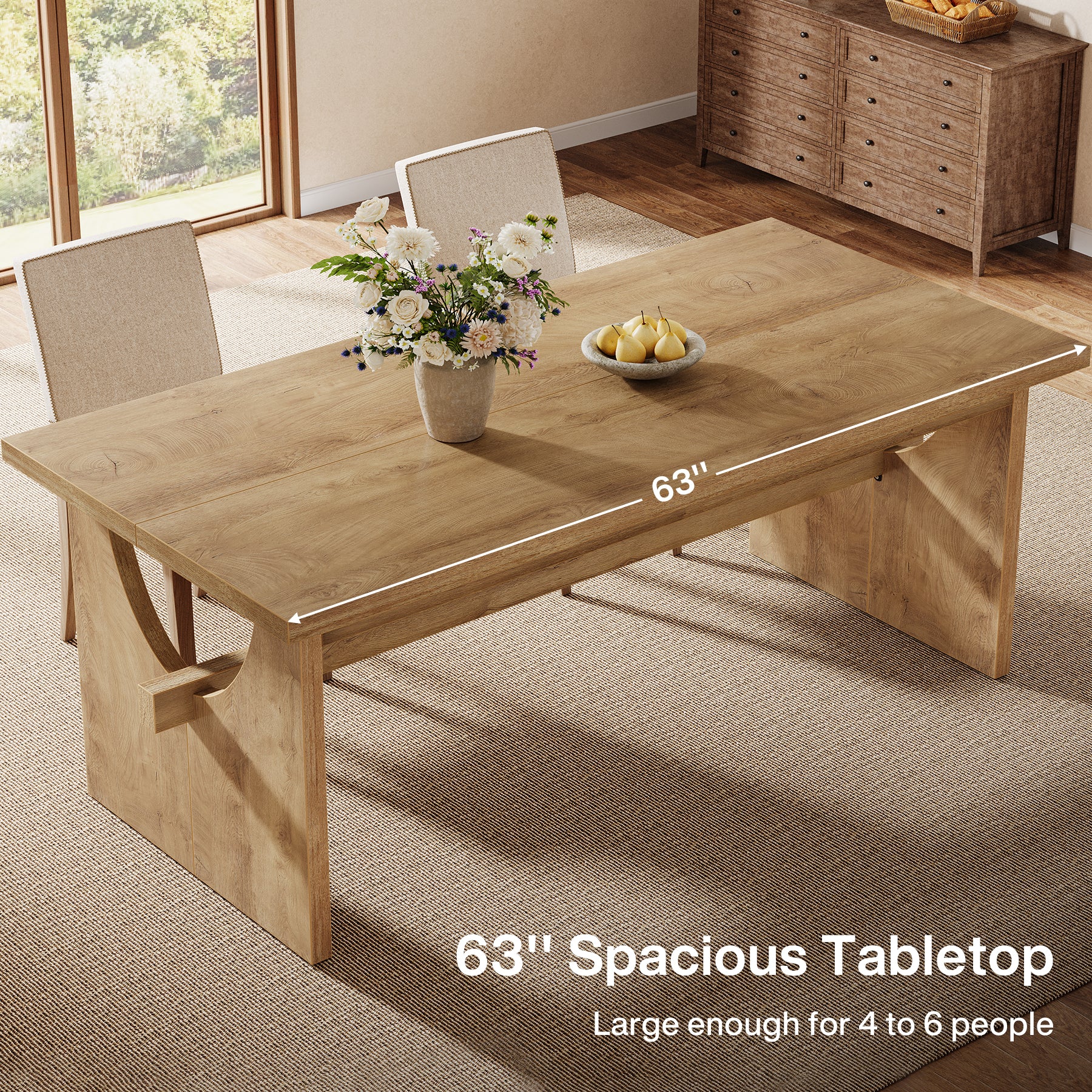 Tribesigns 63-Inch Farmhouse Dining Table for 4 to 6 People with Heavy Duty Double Base