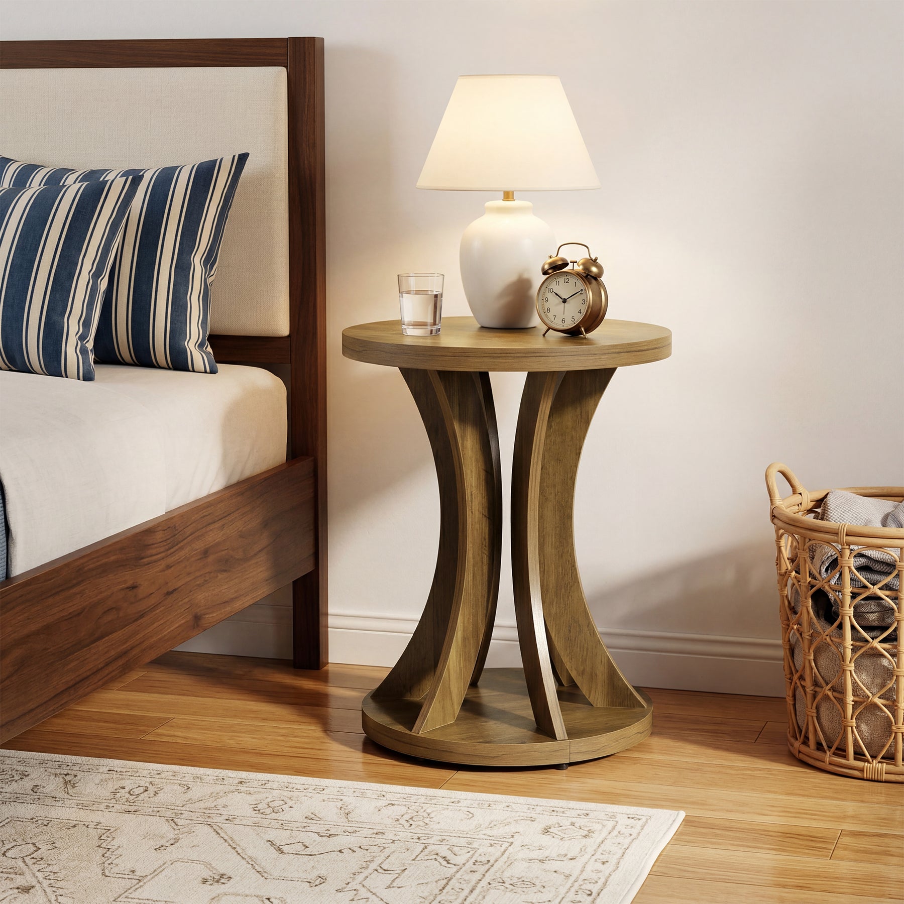 17.72 Inch Round Side Table, Farmhouse End Table with Curved Frame and Storage for Living Room