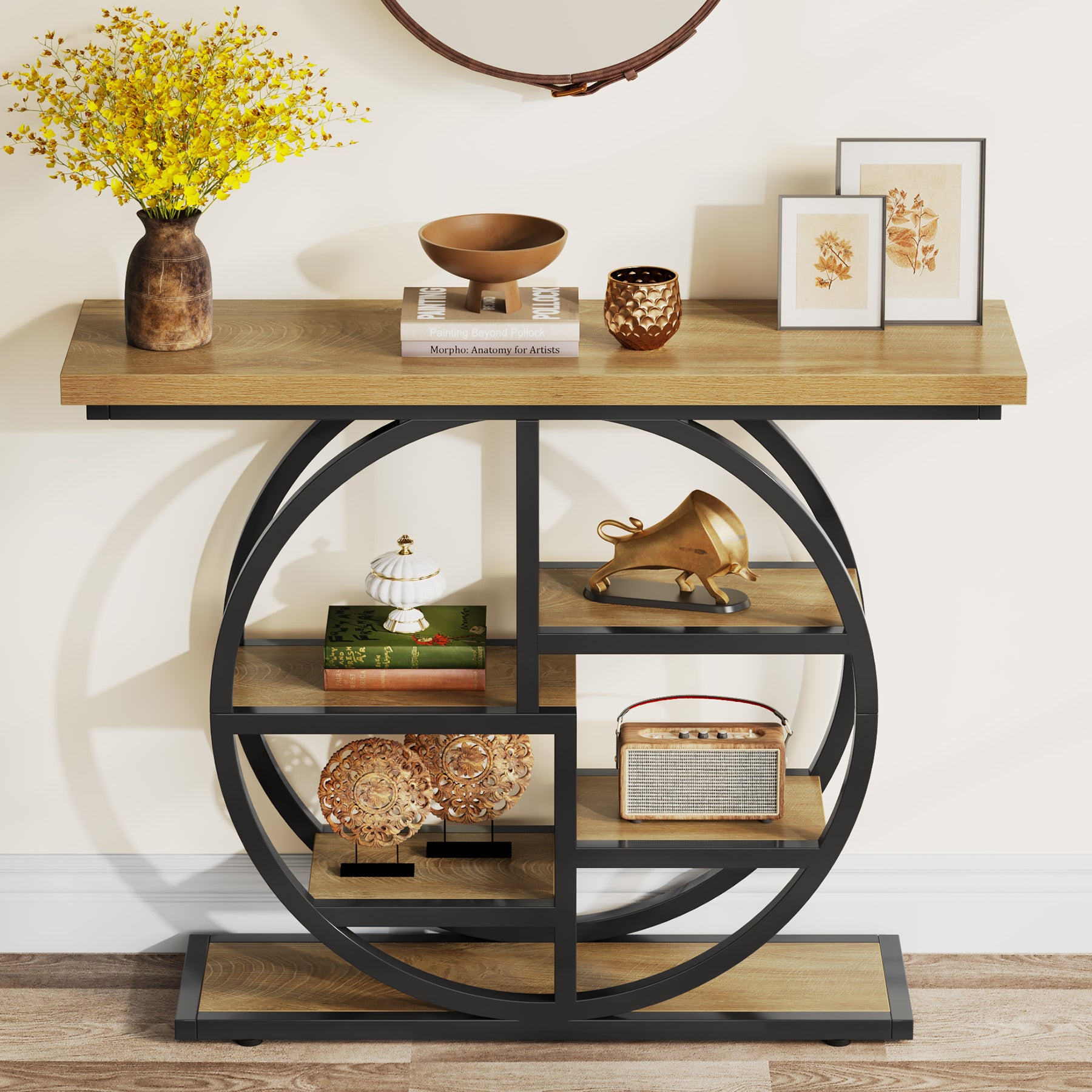 Tribesigns Industrial Console Table - 105cm Narrow 6-Tier Sofa Entryway Table with Circle Base, Storage Shelves