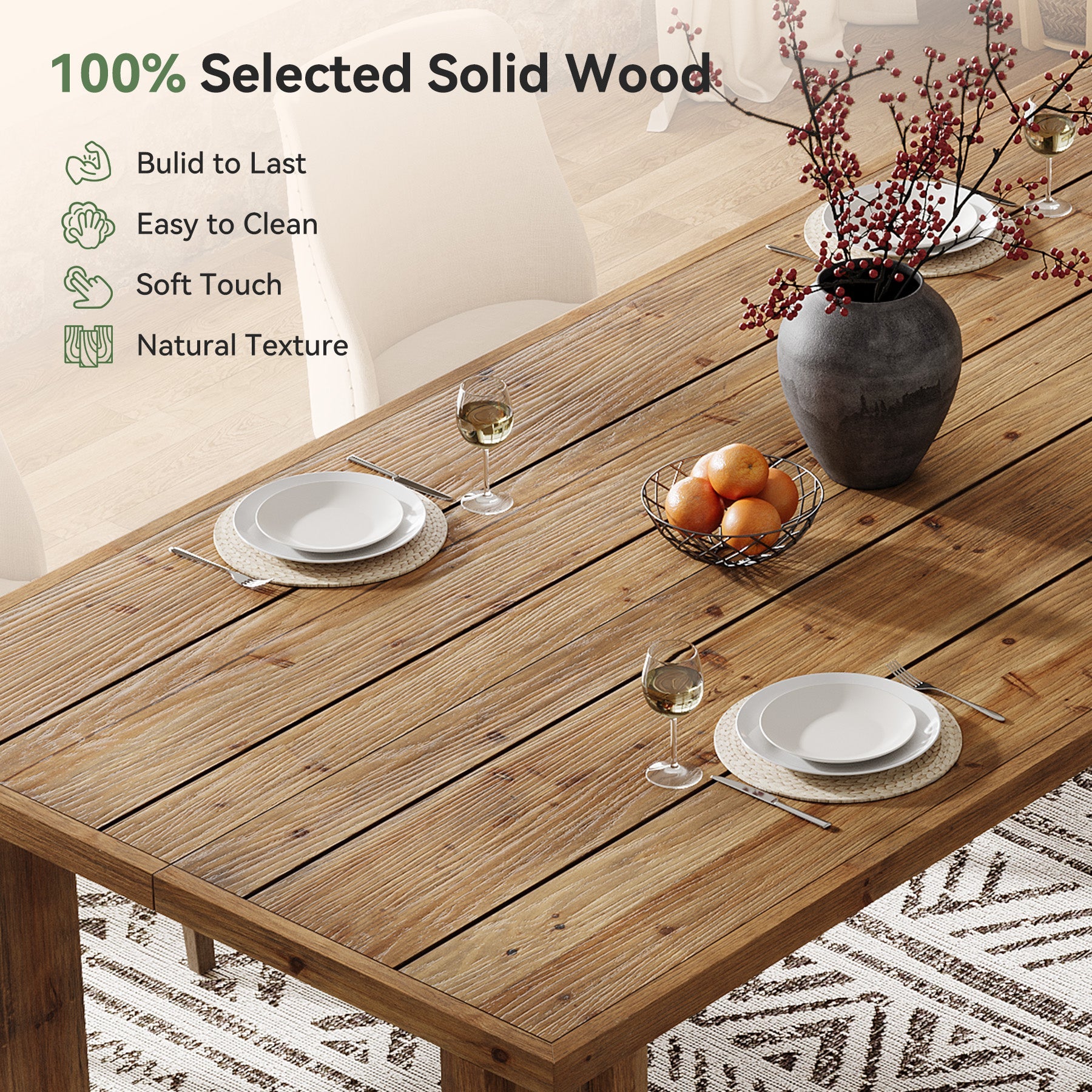 63-Inch Solid Wood Dining Table with Mortise-and-Tenon Legs, Farmhouse Table for 4-6