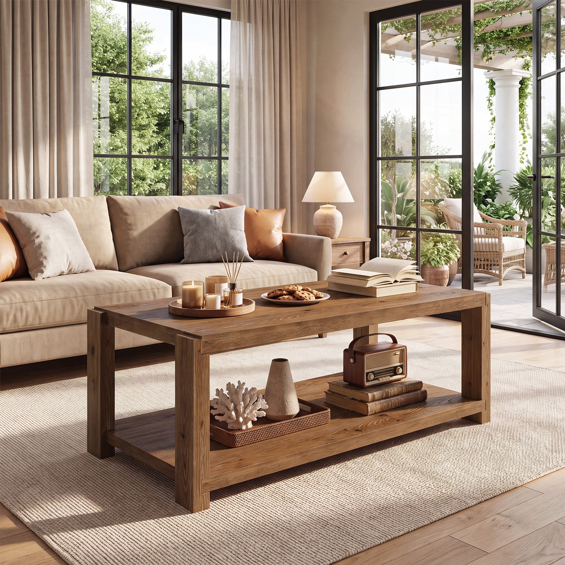 Tribesigns 47-Inch Solid Wood Coffee Table, 2-Tier Farmhouse Cocktail Table with Storage Shelf