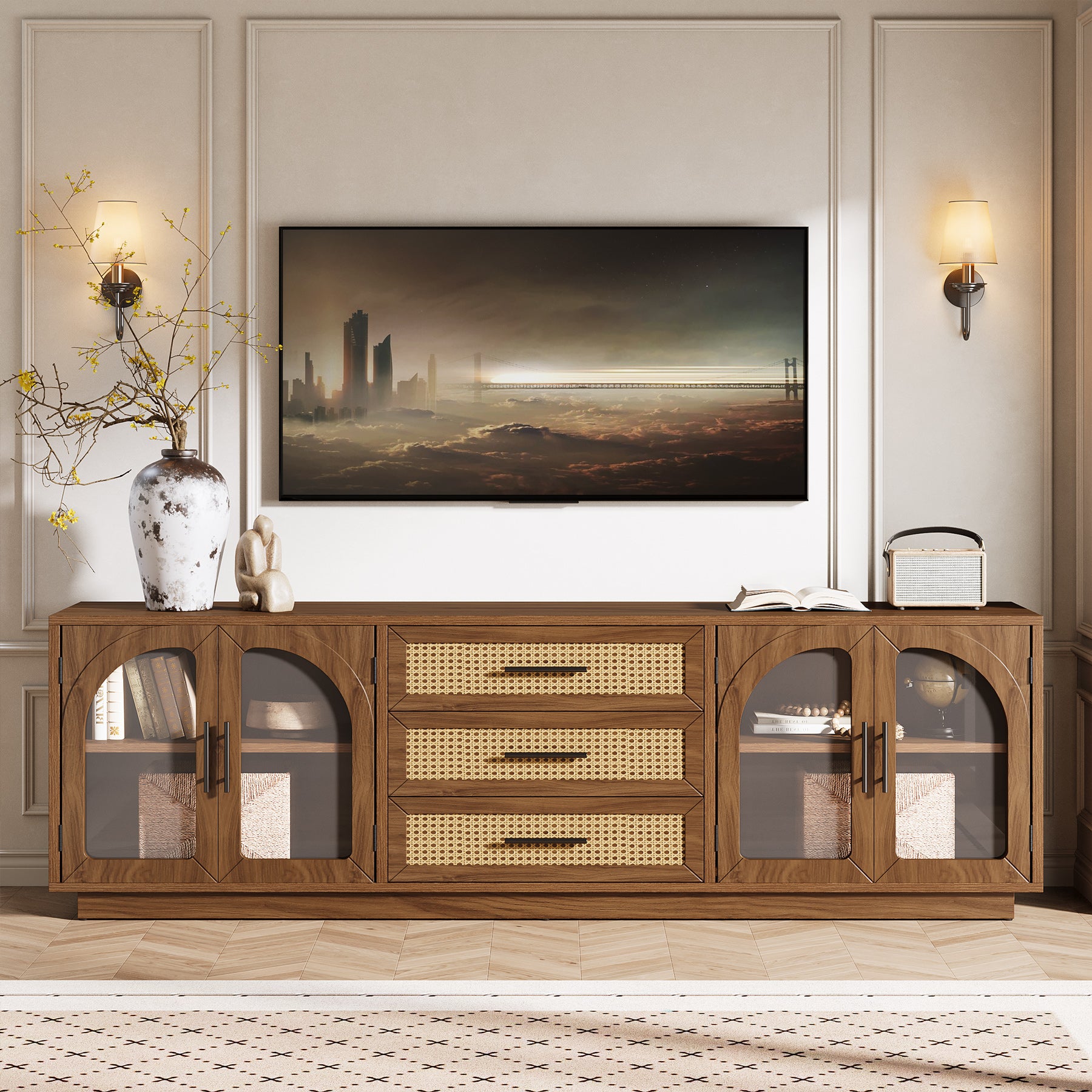 Tribesigns 71-Inch TV Stand with Rattan Drawers, Mid-Century Media Console for Living Room