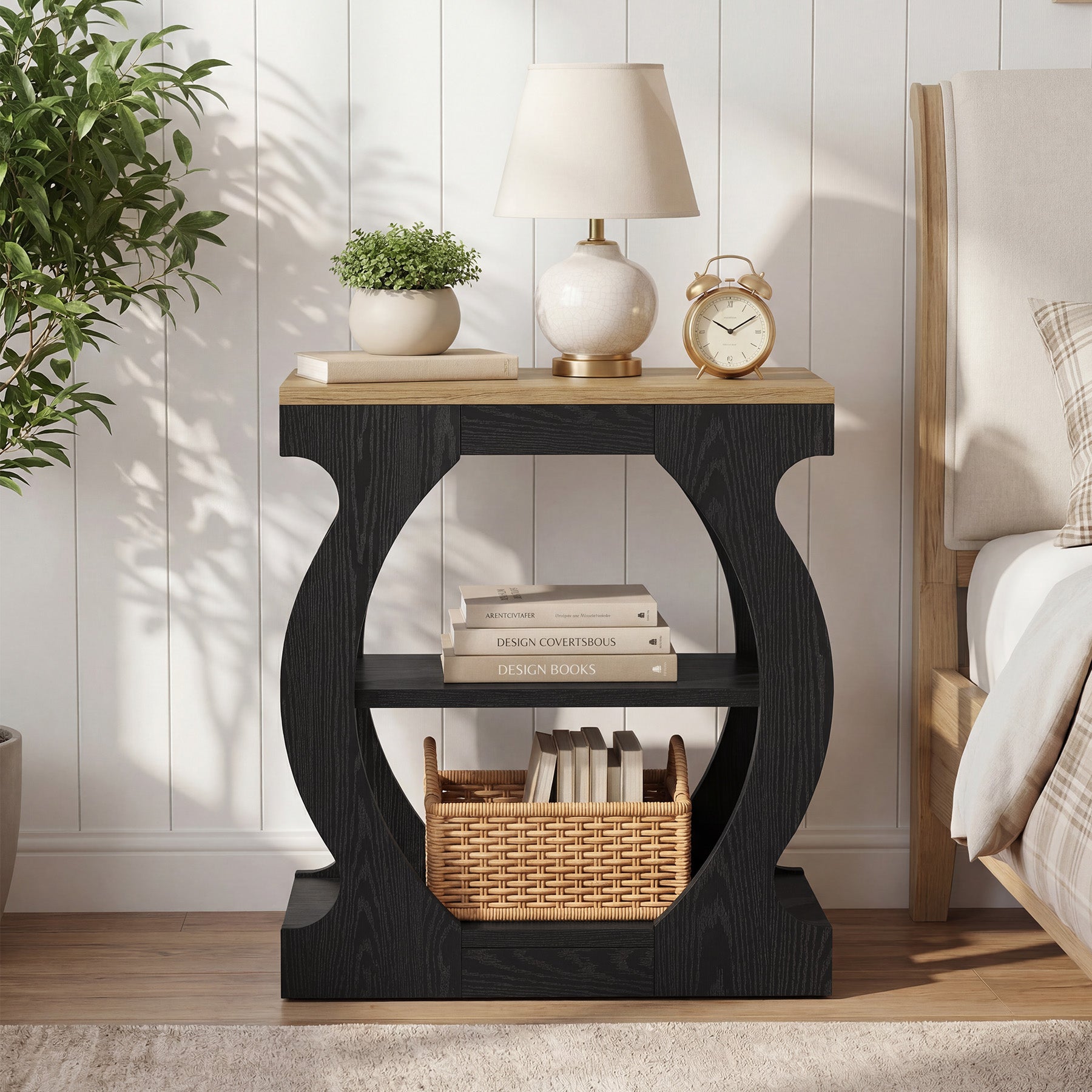 23.6 Inch Nightstand with 3-Tier Storage, Modern Narrow Bedside Table with Curved Frame for Bedroom