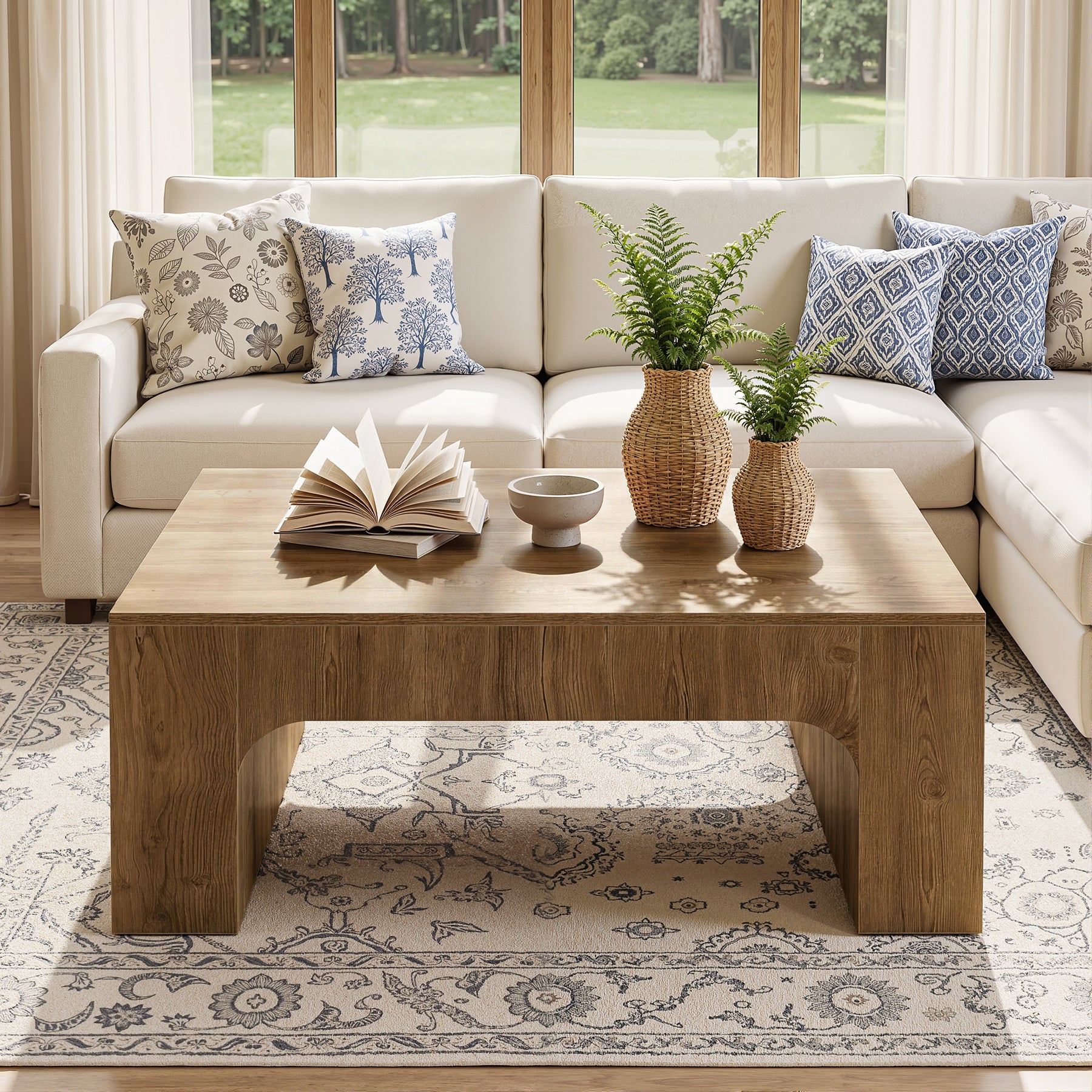 39 Inch Square Coffee Table, Farmhouse Wooden Center Table with Curved Design for Living Room