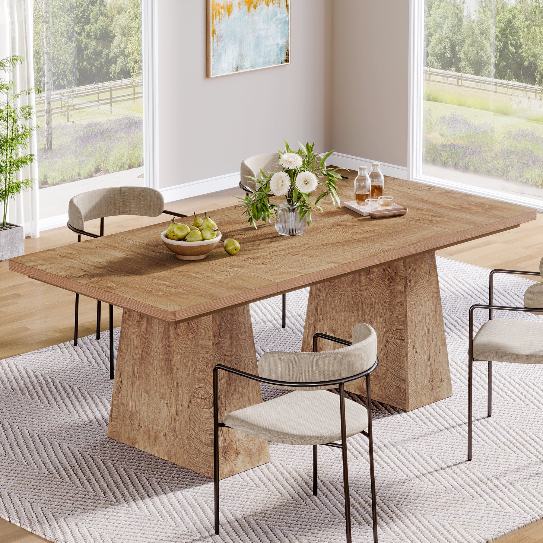 Tribesigns 63 Inch Dining Table for 6, Farmhouse Rectangular Kitchen Table with Double Pedestal for Dining Room