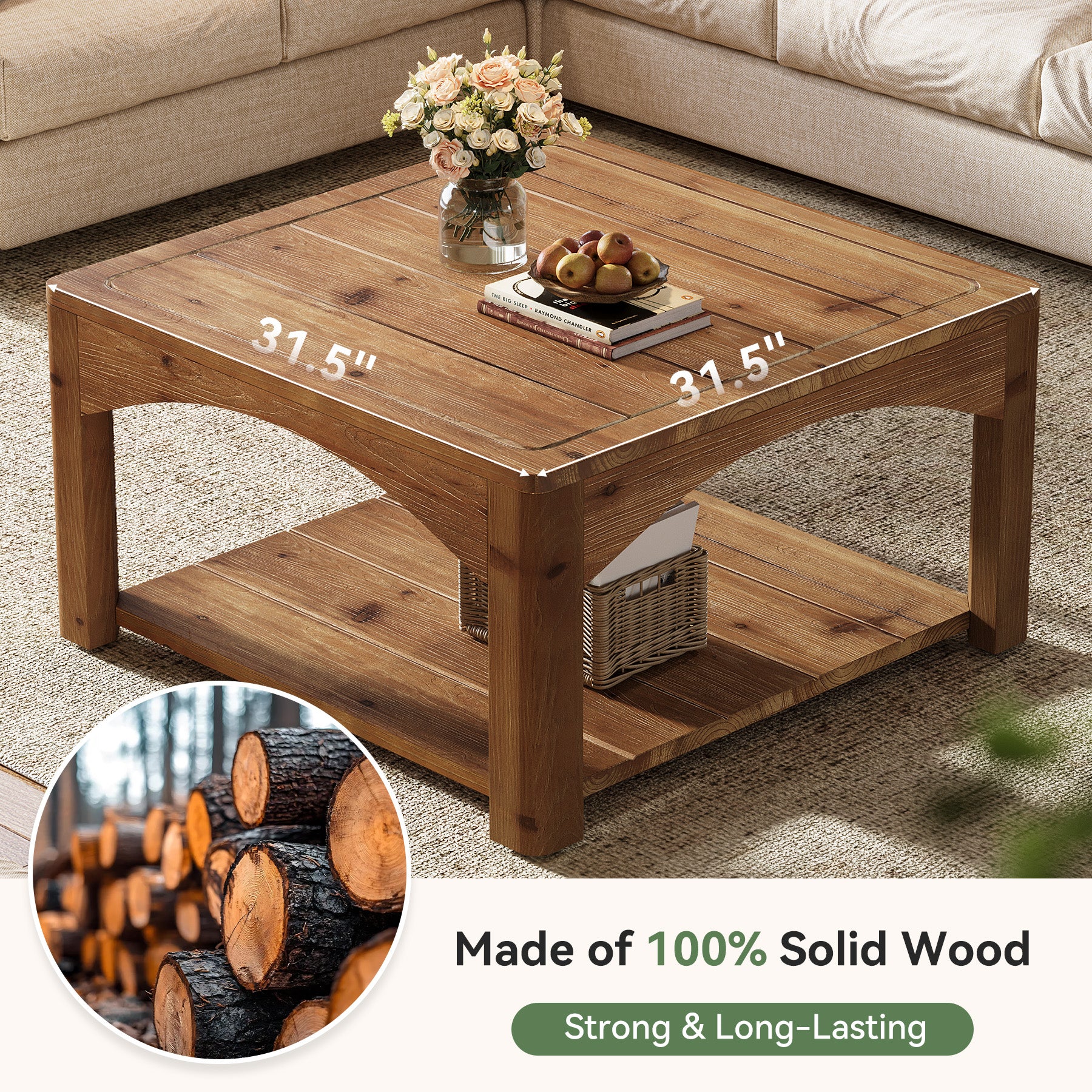 31.5" Square Solid Wood Coffee Table with 2-Tier Storage, Wooden Center Table for Living Room