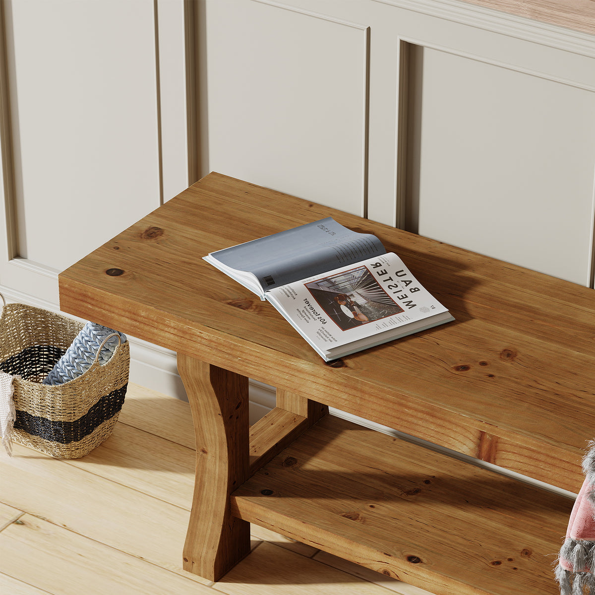 55.1 Inch Solid Wood Hallway Bench with Storage Shelf, Farmhouse Shoe Bench for Entryway