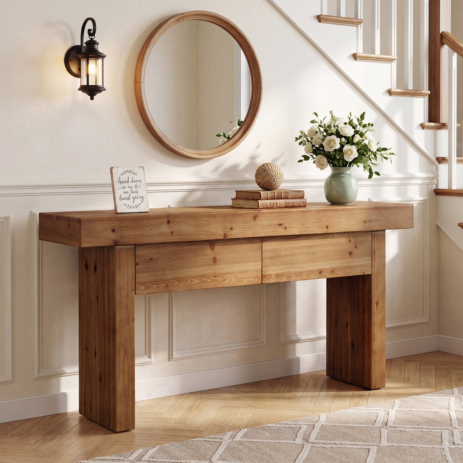 63 Inch Fir Wood Console Table with 2 Hidden Drawers, Narrow Entryway Table for Hallway