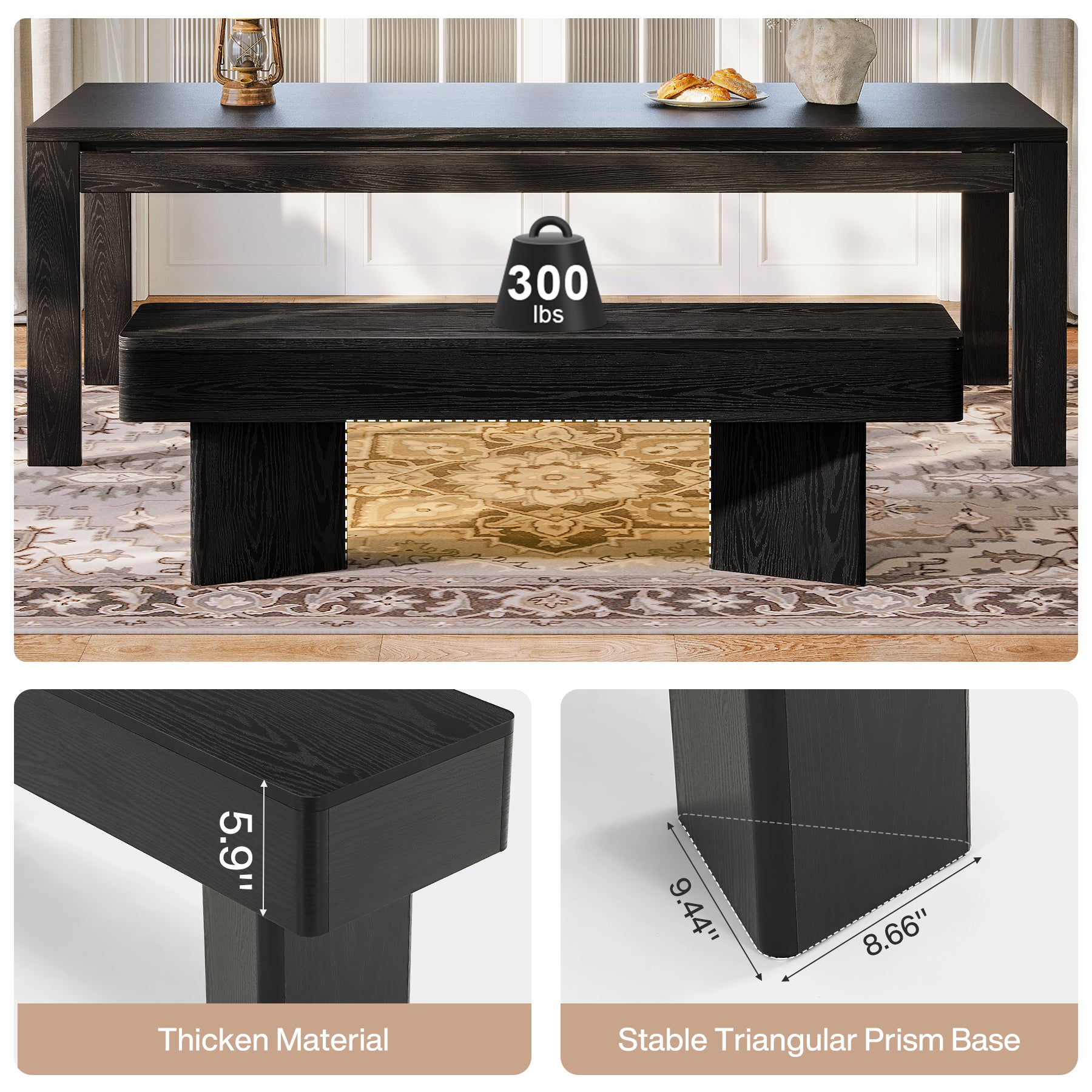 47.24-Inch Black Kitchen Table Bench with Rounded Edges, Modern Dining Bench for Dining Room