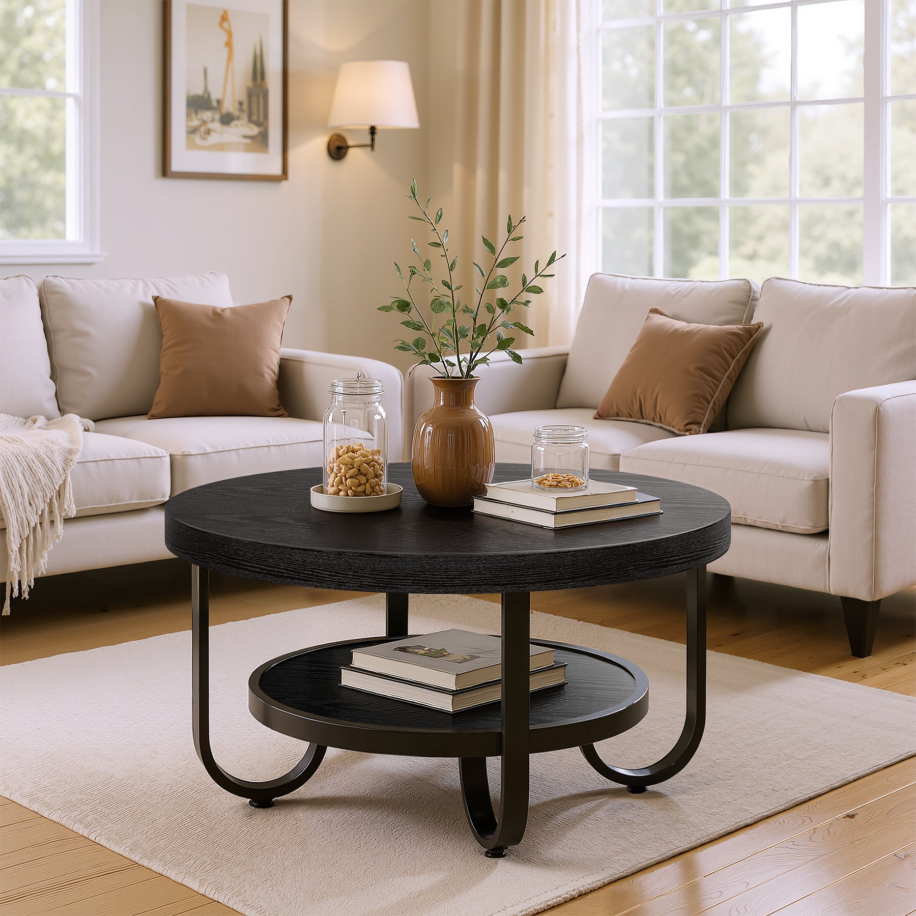 2-Tier Round Coffee Table with Storage, 31.5-Inch Center Cocktail Table