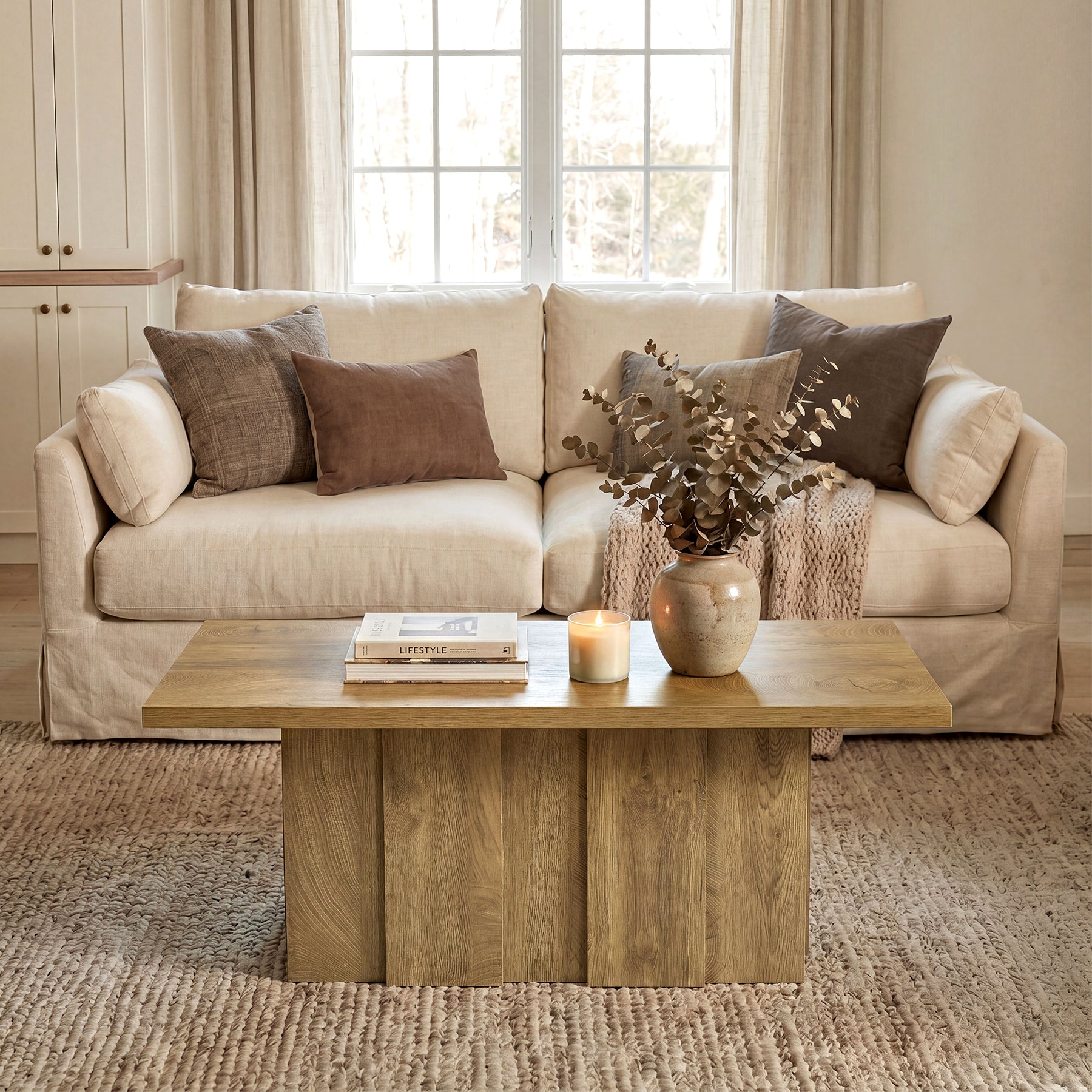 47.2-Inch Coffee Table with Fluted Pedestal Base, Farmhouse Center Table for Living Room