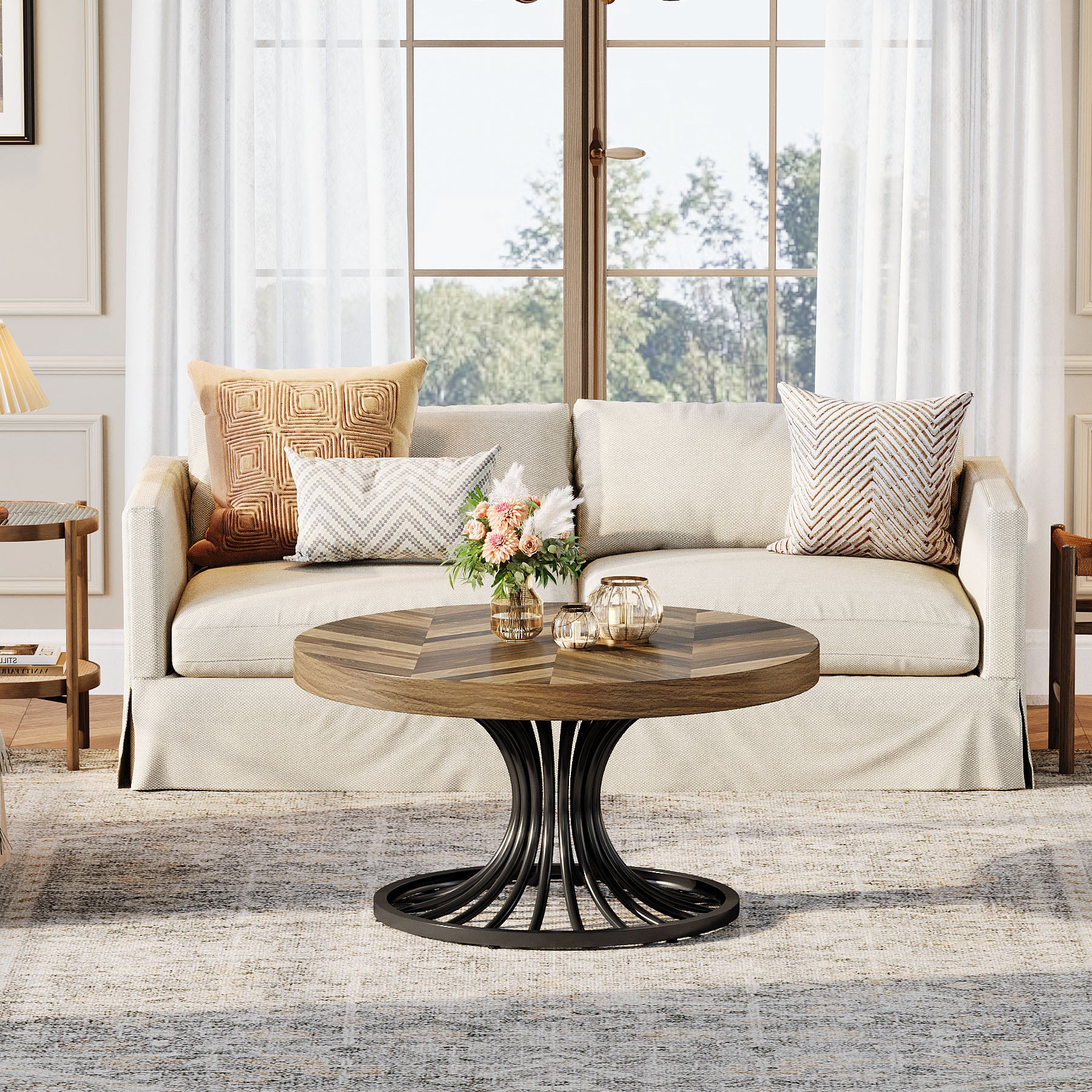 31.5-Inch Round Wood Coffee Table, Farmhouse Circle Table with Metal Pedestal for Living Room