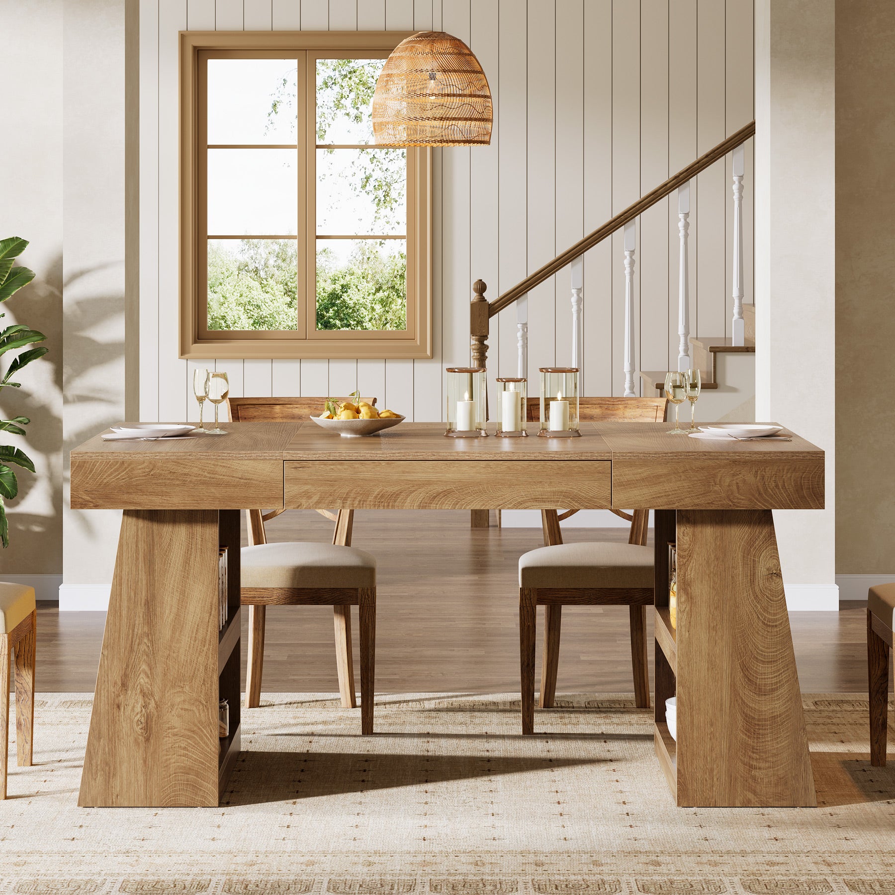 Tribesigns 55 Inch Dining Table for 4-6 People, Farmhouse Wooden Kitchen Table with Storage Drawer and Shelves