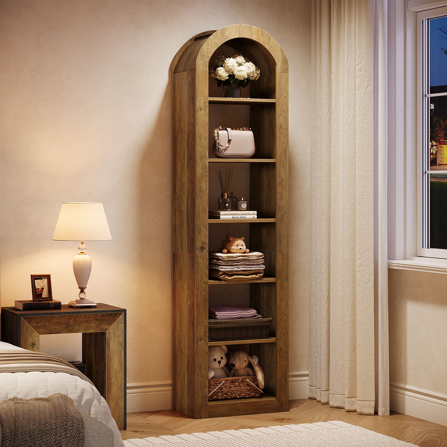 74.8-Inch Tall Arched Bookshelf, 6-Tier Narrow Open Bookcase for Small Spaces